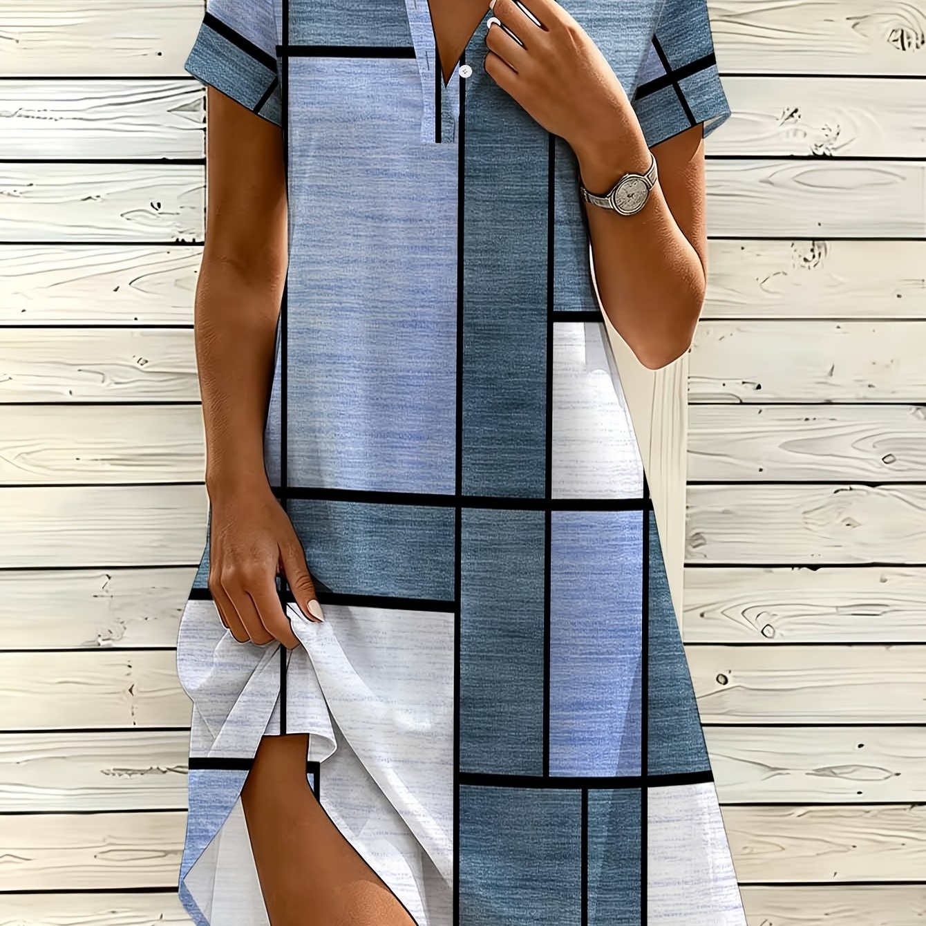 Image of Women's Fashion Shirt Dress, V-neck Button Dress, Style Geometric Print