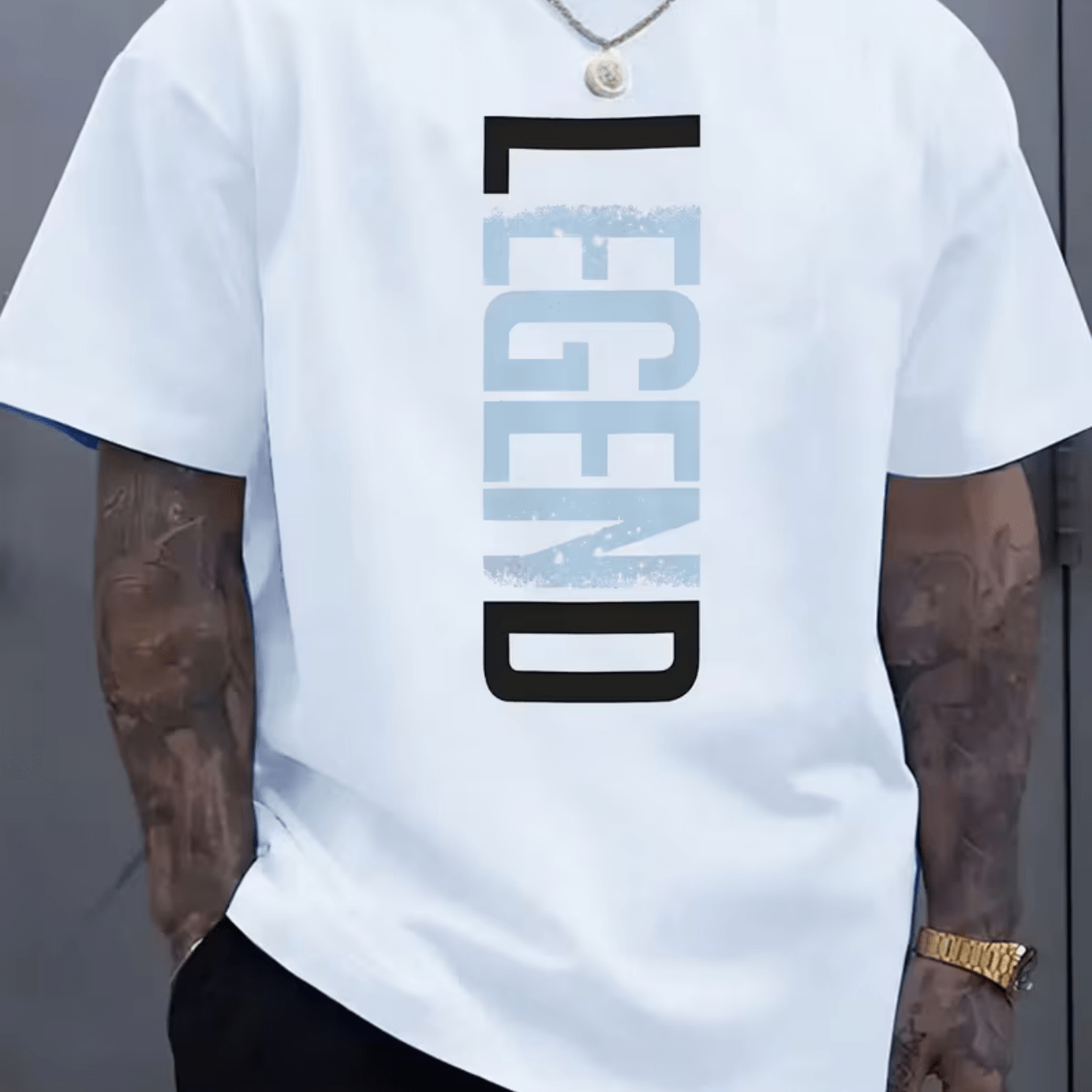TEMU Vertical Gradient Legend Creative Letter Print T-shirt, White Top And Bottom With Distressed Brown Gradient Vertical , Men's Trendy T-shirt With
