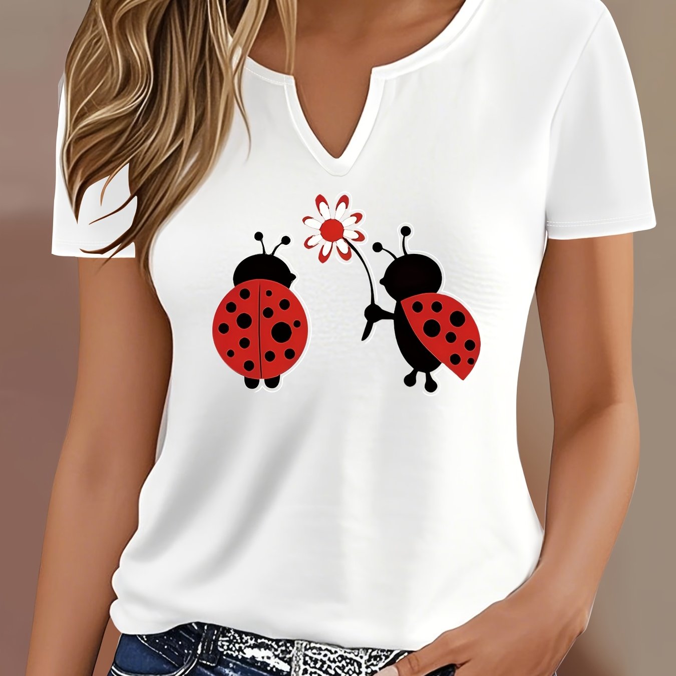 TEMU T-shirt con stampa di lettere, top casual a maniche corte con scollo a V per estate e , abbigliamento da donna