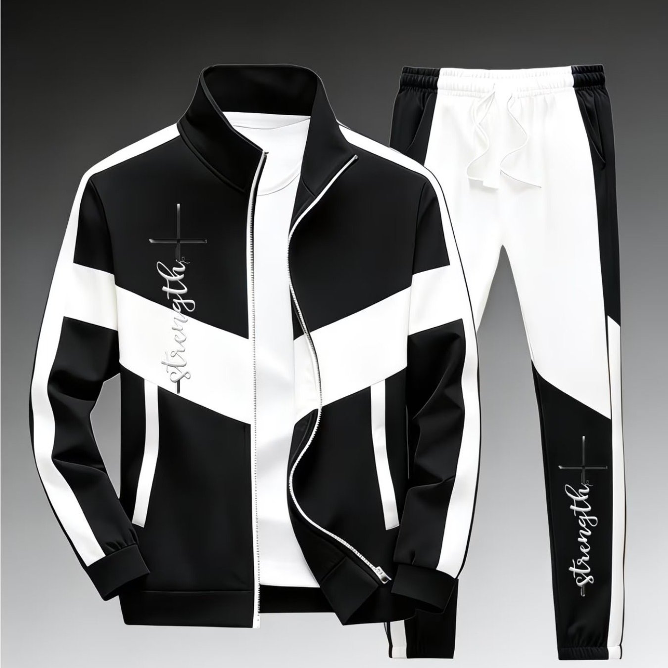 Plus Size Blazer And Trouser Suit, Street Style Trendy Men's Wear With Diagonal Cross And Power Letter Print, Men's Wear, Adult Men's Sportswear, Casual Attire