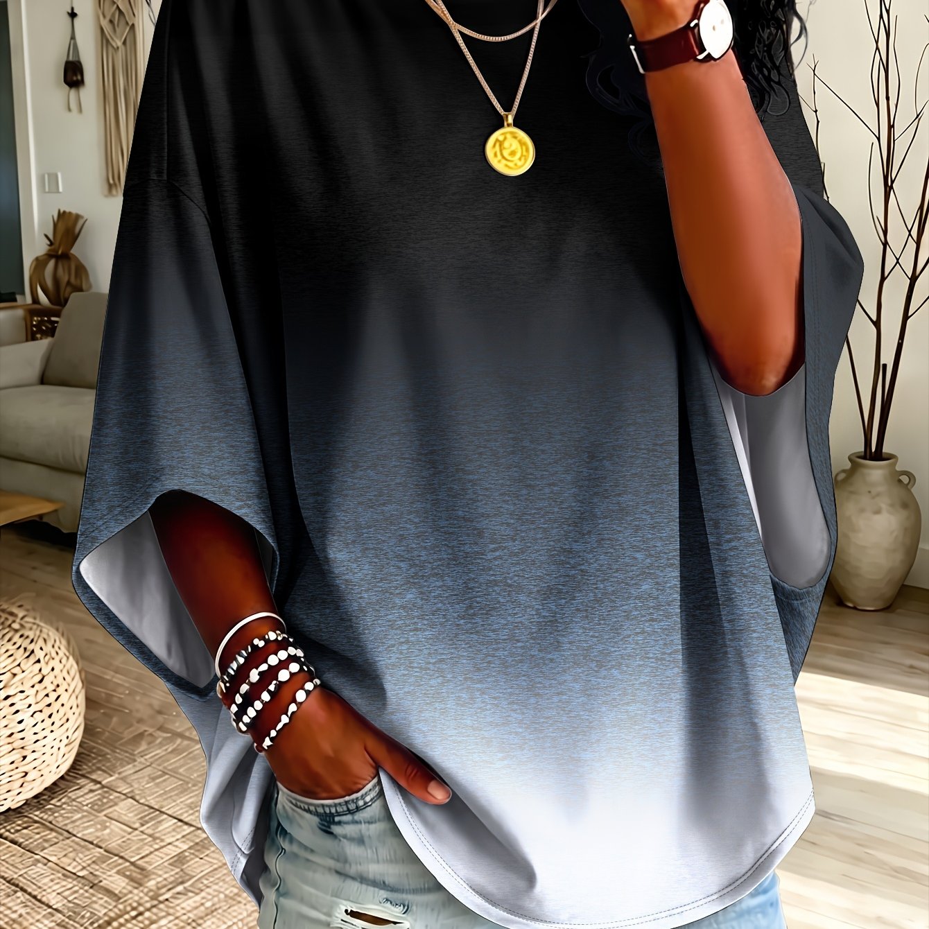 TEMU Plus Size Round Neck Loose Drop Shoulder Sleeve T-shirt, Premium Gradient Color Block Printed Casual Commuter All-match Body-covering /4 Sleeve