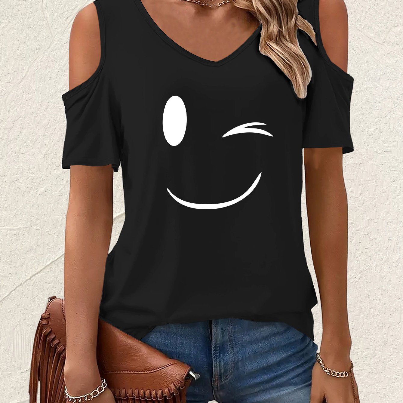 TEMU T-shirt con stampa , top casual a maniche corte con scollo a V per estate e , abbigliamento da donna