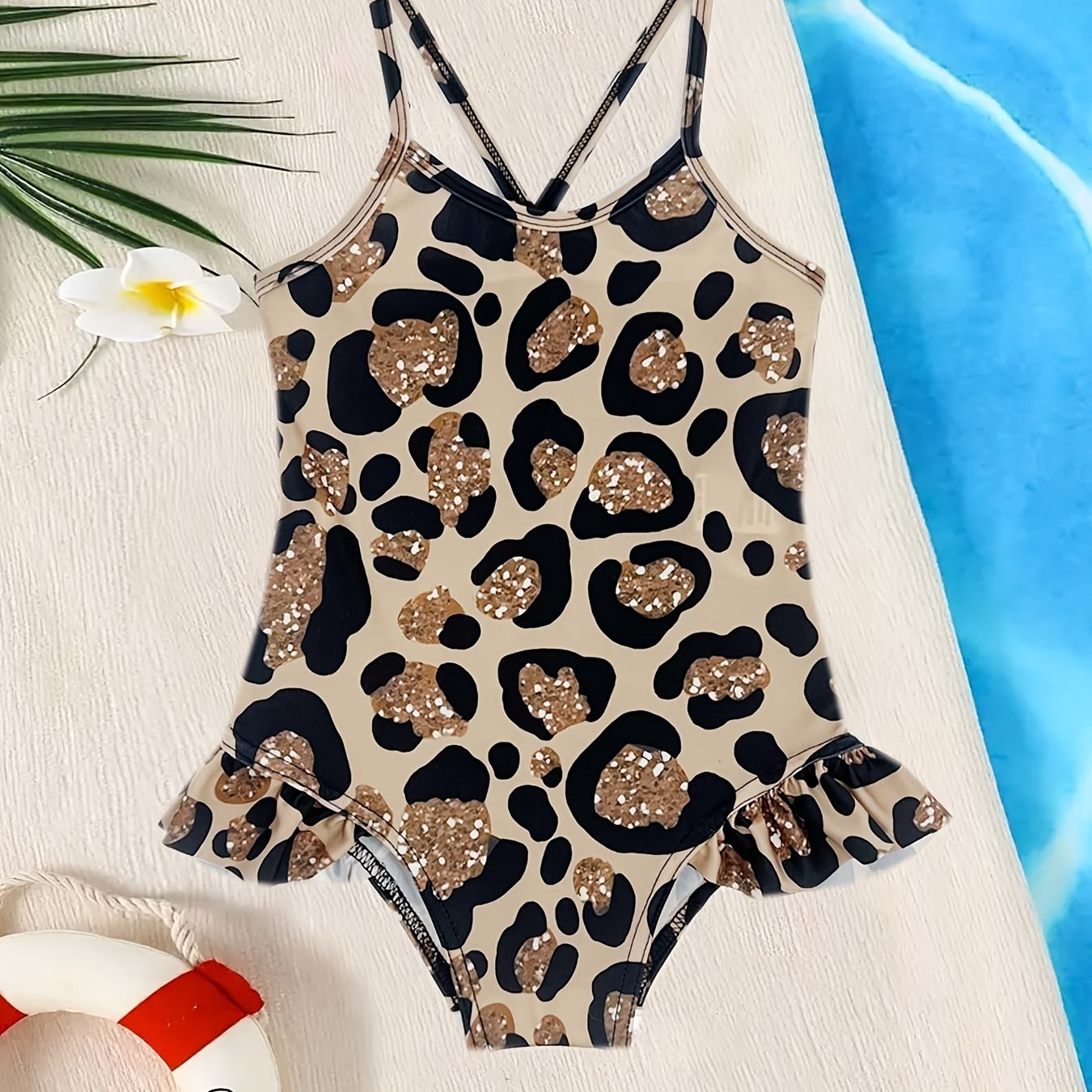 Image of Girl's Leopard Print Halter 1pc Swimsuit, Fashionable Swimwear With Open Crotch Swimming Pool