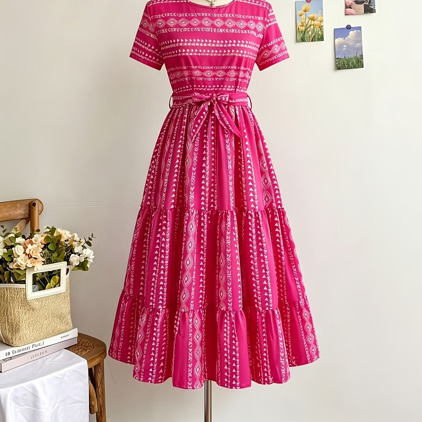 E-shop Teenager Kleid mit geometrischem Druck, eleganter, orientalischer Vintage-Freizeitstil, für Teenager, für Teenager