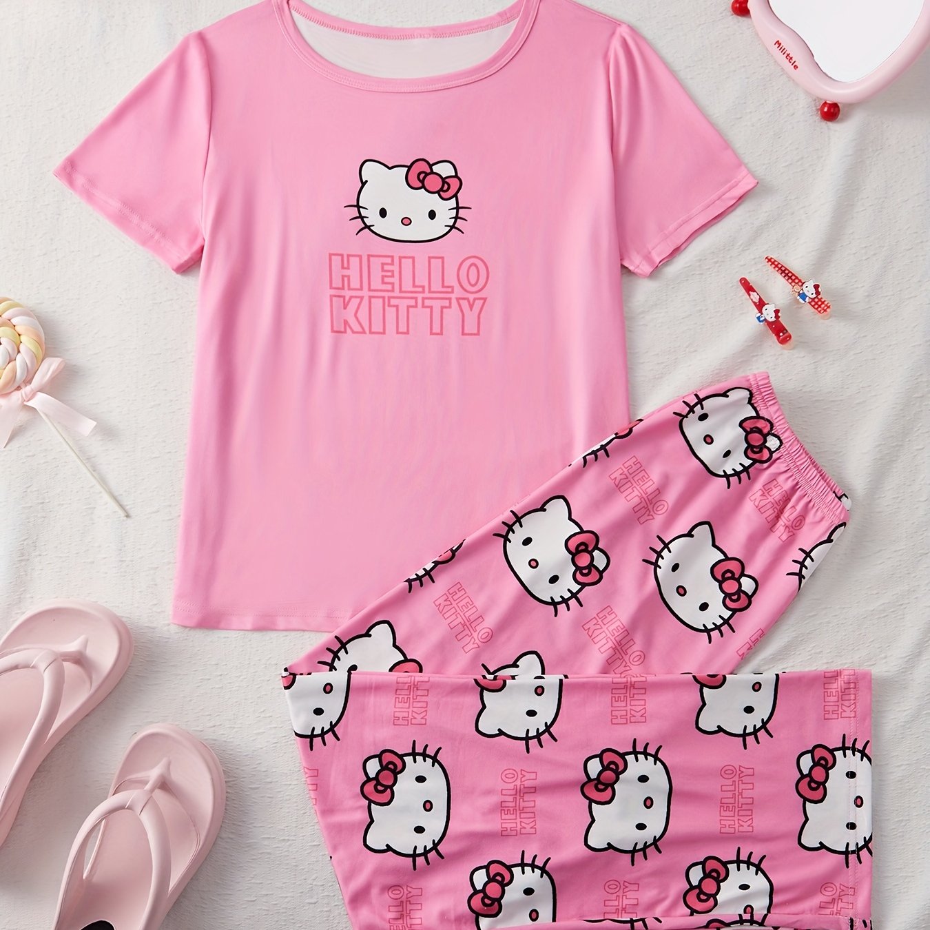TEMU Women's Cartoon Pajama Set Hello Kitty, Short-sleeved Crew Neck Top And Pants, Comfortable And Loose.
