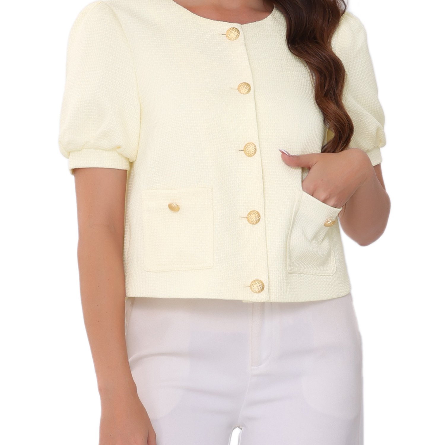tweed jacket womens summer puff short sleeve round neck - Temu