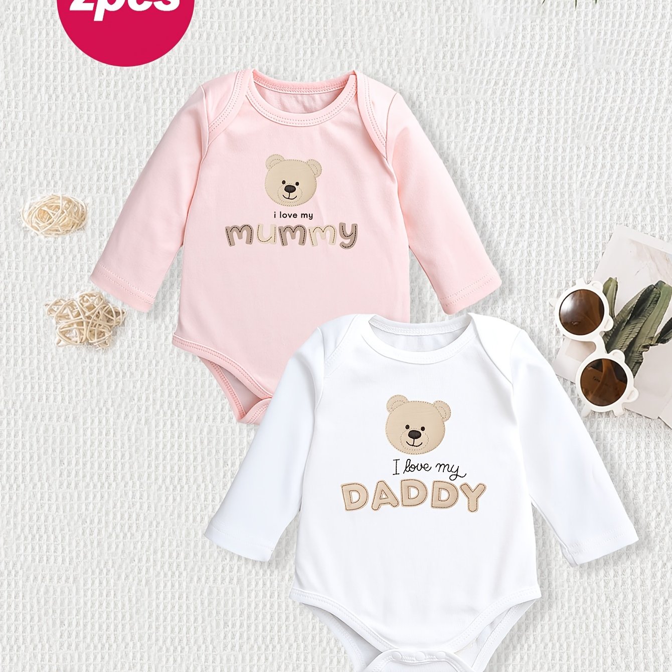 Image of 2pcs Autumn And Winter Baby Girl Triangle Romper Soft And Comfortable Girls Long Sleeve Triangle Bodysuit Bear Mom English Letter Cartoon Pattern Print Perfect Gift For Baby Girls, For Outdoor