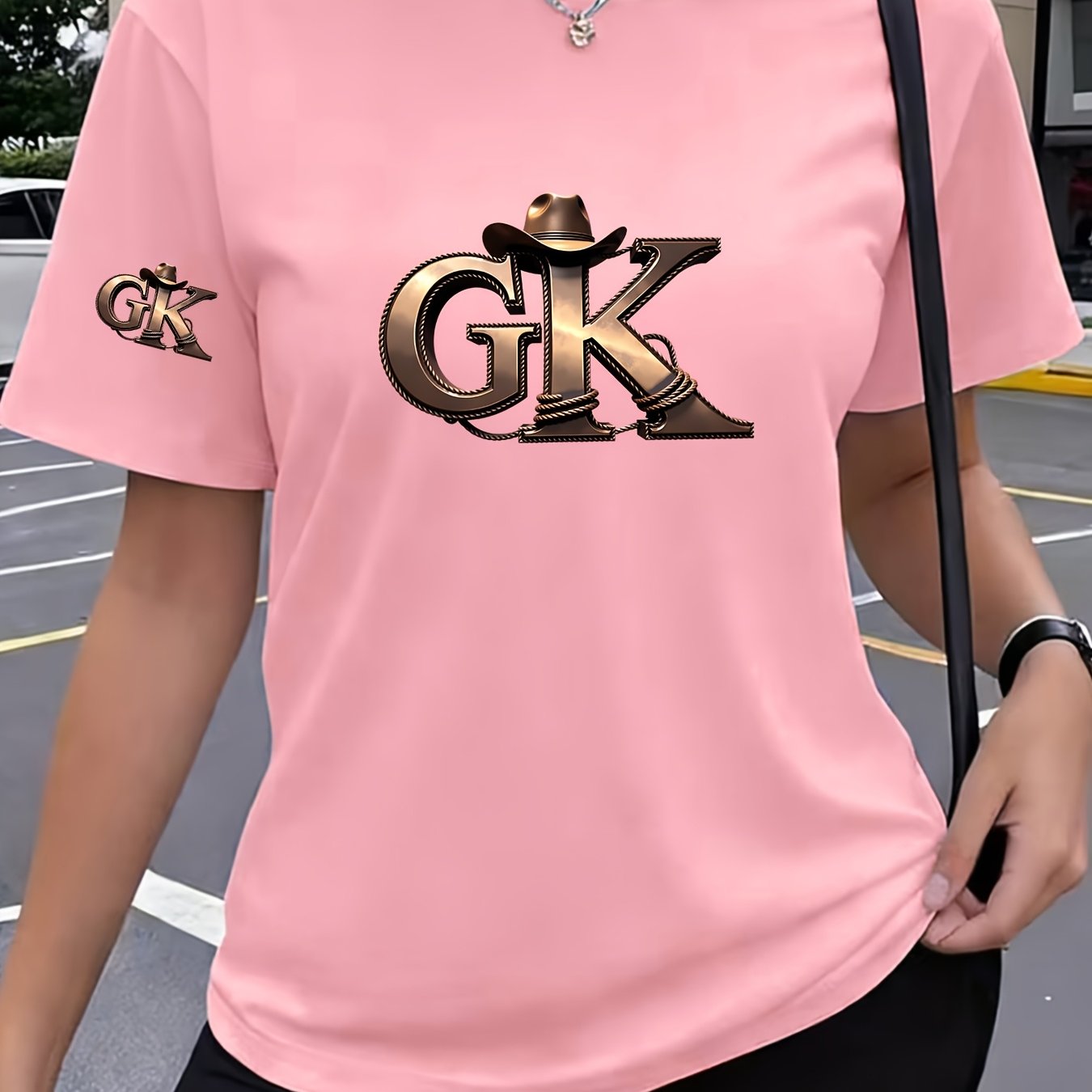TEMU [sleeve With Print] Gk Pattern Round Neck Casual Athletic Top - Women's Y2k Fashion Short Sleeve T-shirt, Comfortable Machine Washable Style,