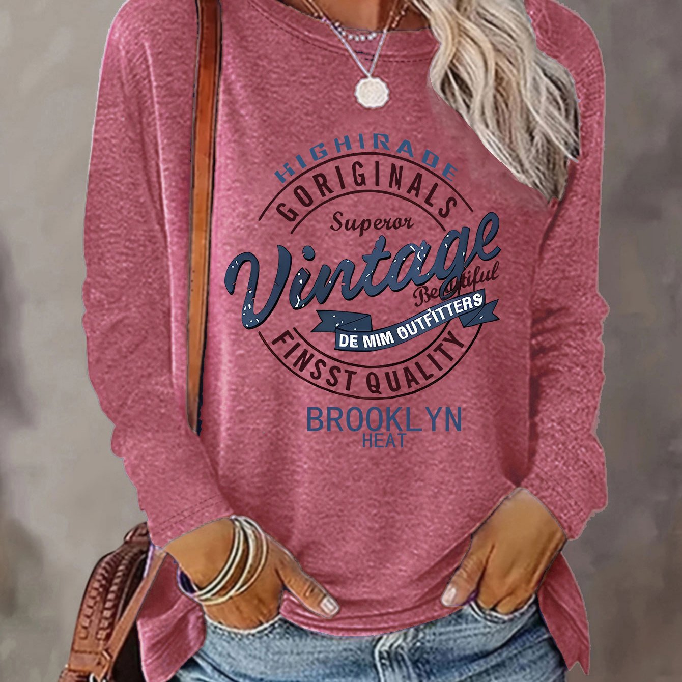 Image of Women's Long Sleeve T-shirt With Letter Print - Round Neck , White With Black Lettering & Color-blocking Design (spring/fall/spring) - Casual & Outdoor Wear, Machine Washable - Grey/grey/navy Blue