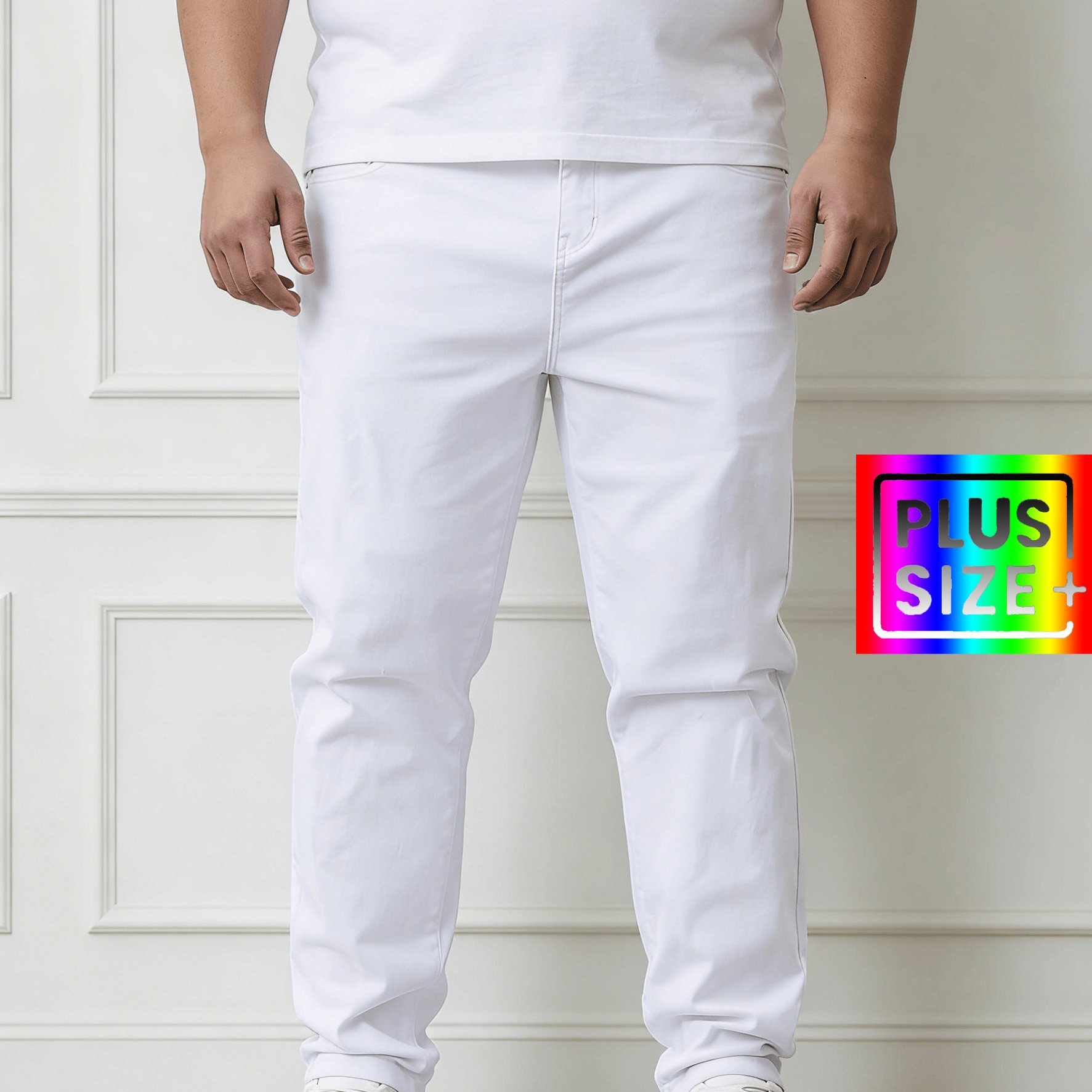 Hme-192 Men's Plus Size Straight Leg Jeans, Stretch White Denim Series, Vertical Feel White Plus Size Wide Leg Pants