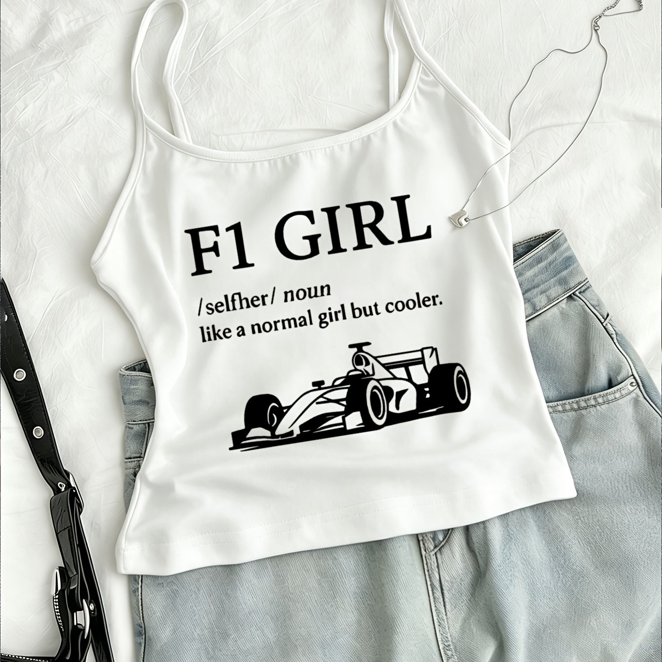 TEMU 1pc Women's Mini Cami Tank Top Base Layer Short Tight Bodycon Crop Top, Trendy Cool Racing Theme Letter Print With Casual Lazy Vibe, For Relaxed