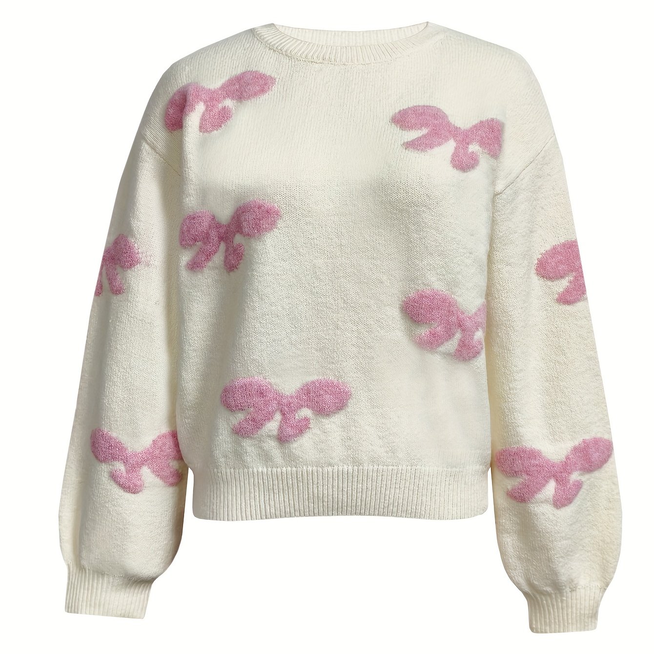 Image of Elegant Special Solid Color Bow Pattern Popular Round Neck Sweater Women's Long-sleeved Dating Party Shopping Outfit