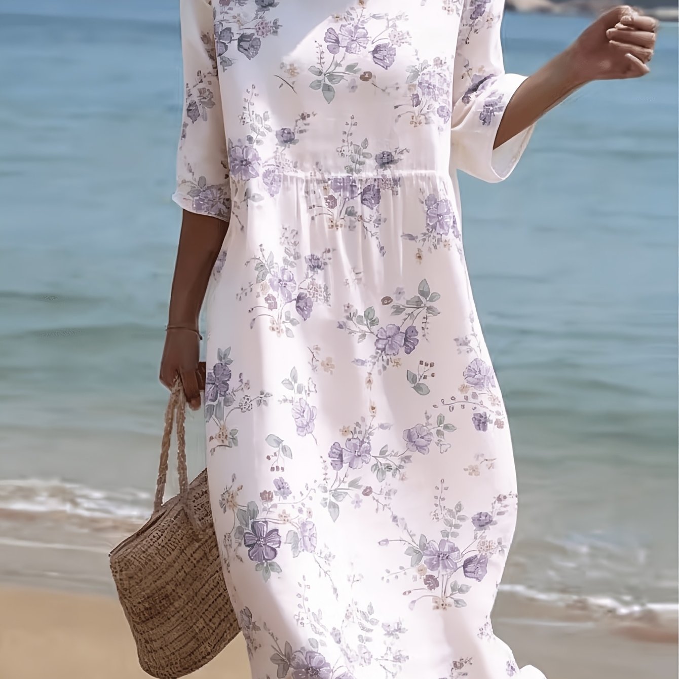 Image of Women's Cottagecore Lavender Floral Print Midi Dress, 3/4 Sleeve Crew Neck Empire Waist Loose Dress, Textured Lightweight Beach Sundress