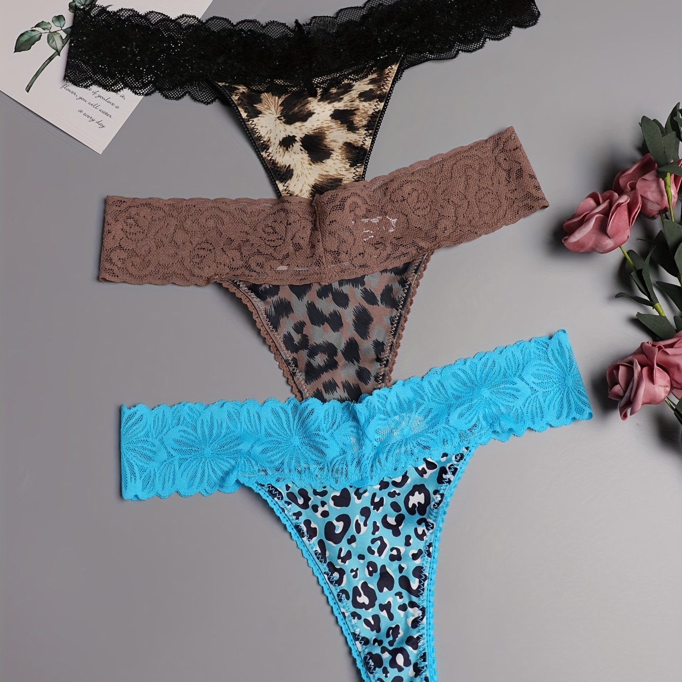 Image of 3pcs Sexy Leopard -strings Thongs, Cute Low Waist Contrast Lace Stretchy Panties, Women's Lingerie & Underwear Multicolored Assorted