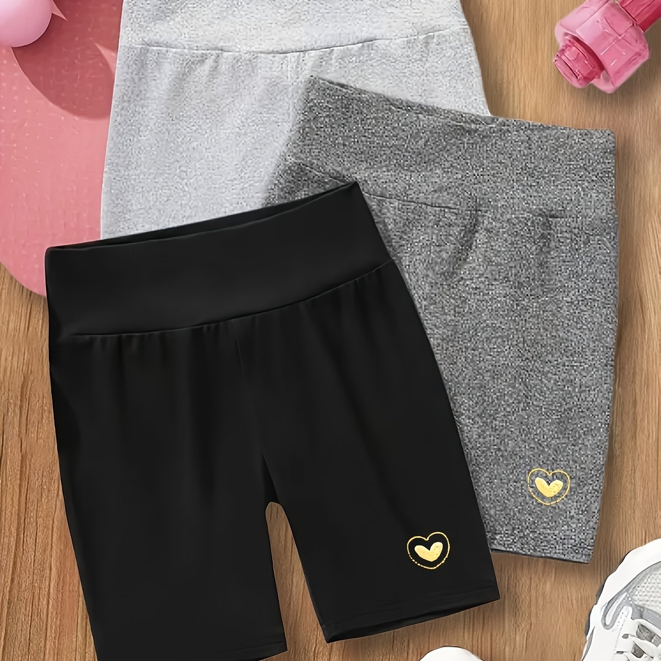 Image of 3pcs Set Of Girls' Athletic Casual Summer Shorts, Fashion Heart Embroidery Pattern Trousers, High-waist Elastic Riding Outdoor Sports Shorts, For Outdoor