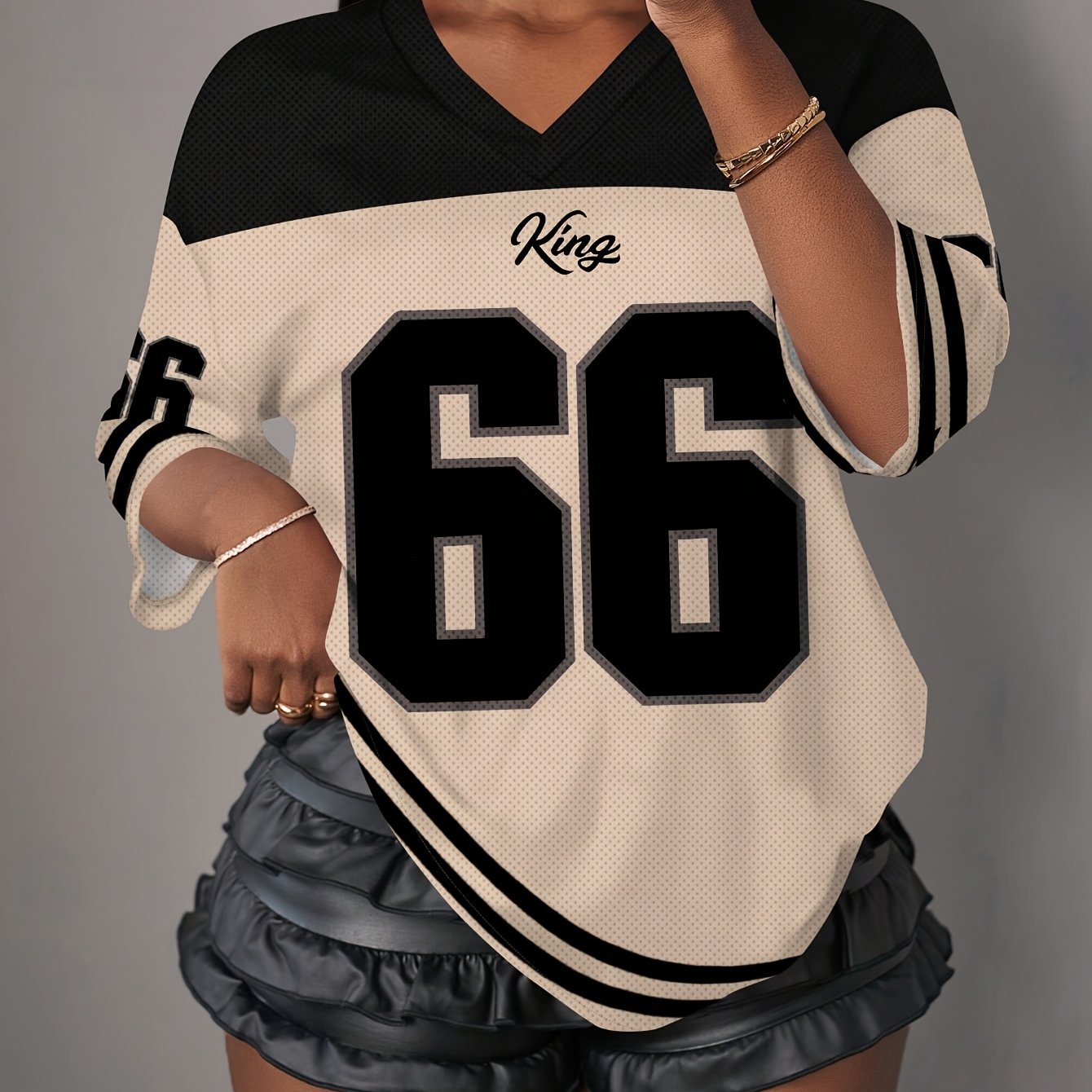 TEMU Plus Size, Custom Women's Color Block Spliced V-neck S T-shirt, American Streetwear Swear Short Sleeve, Summer Fashion Short Sleeve, Custom