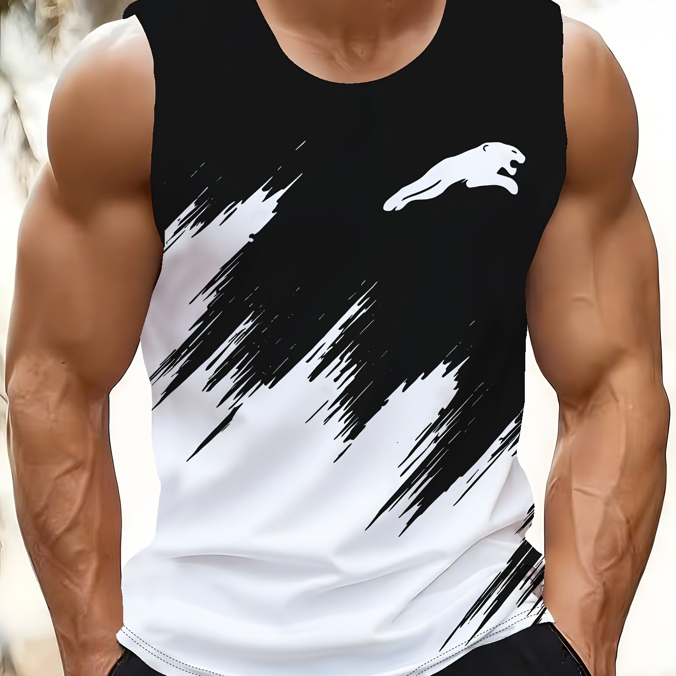 TEMU Men's Vest, 3d Printed With Minimalist Black-and-white Pattern, , Ideal For Summer Outdoor Leisure Sports And Seaside Vacations