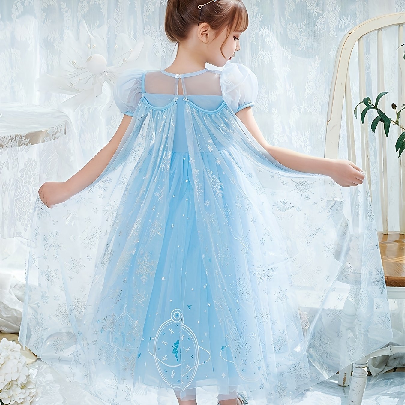 Image of Girls' Puff Sleeve Print Mesh Ballet Tutu Skirt With Cape, Princess Dress And Cape, Girls' Party Outfit