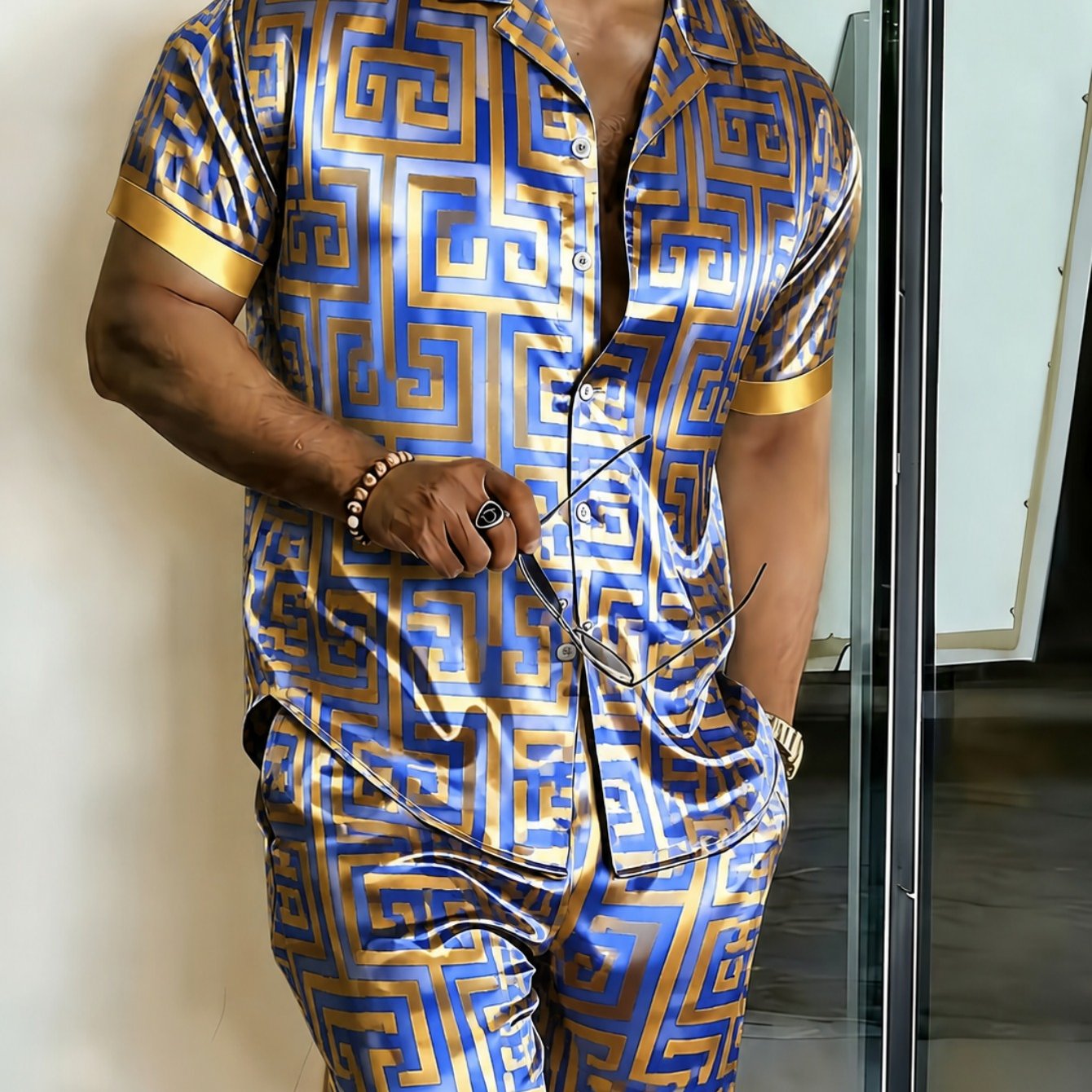 TEMU 2pcs, Men's Short Sleeve Collar Shirt Shorts Set In Blue Golden Geometric Pattern, Lightweight Comfortable 2pcs For Room Lounge, Daily Wear And