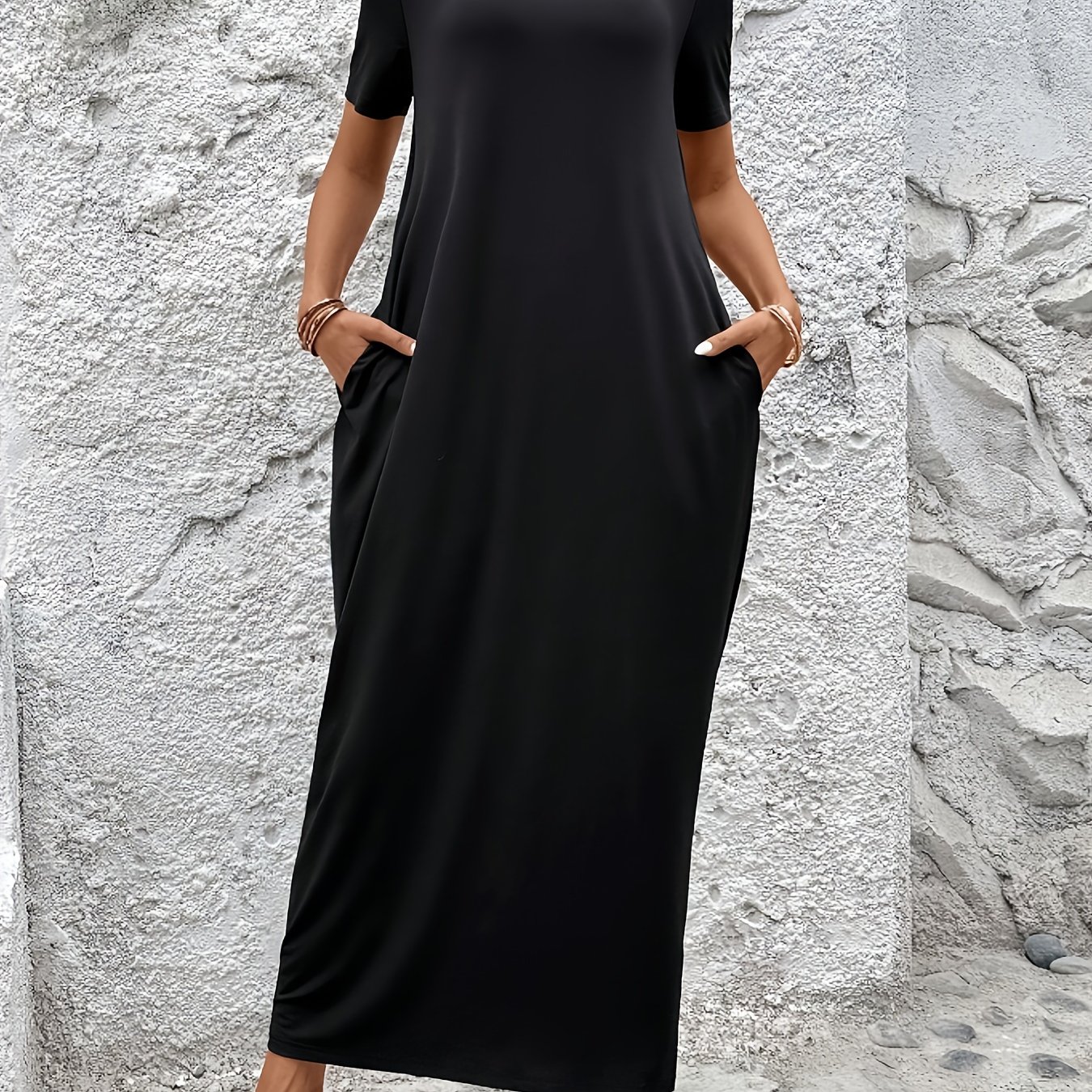 TEMU New Women's Long Dress For Spring, Summer, And Autumn Featuring A Solid Color, Short Sleeves, And A Loose, Relaxed Fit For A Stylish Casual Look