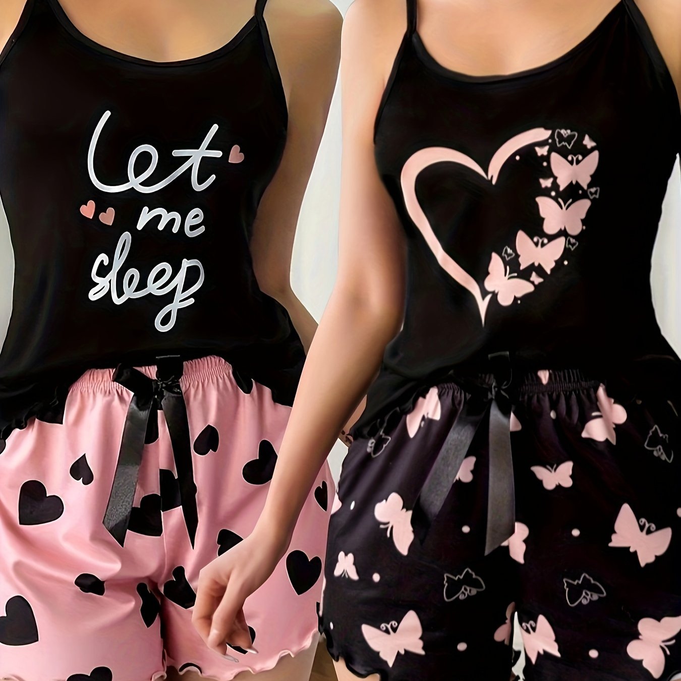 Image of 2pcs Summer Women's Letter, Heart, And Print Camisole Shorts Set, Casual And Sleepwear