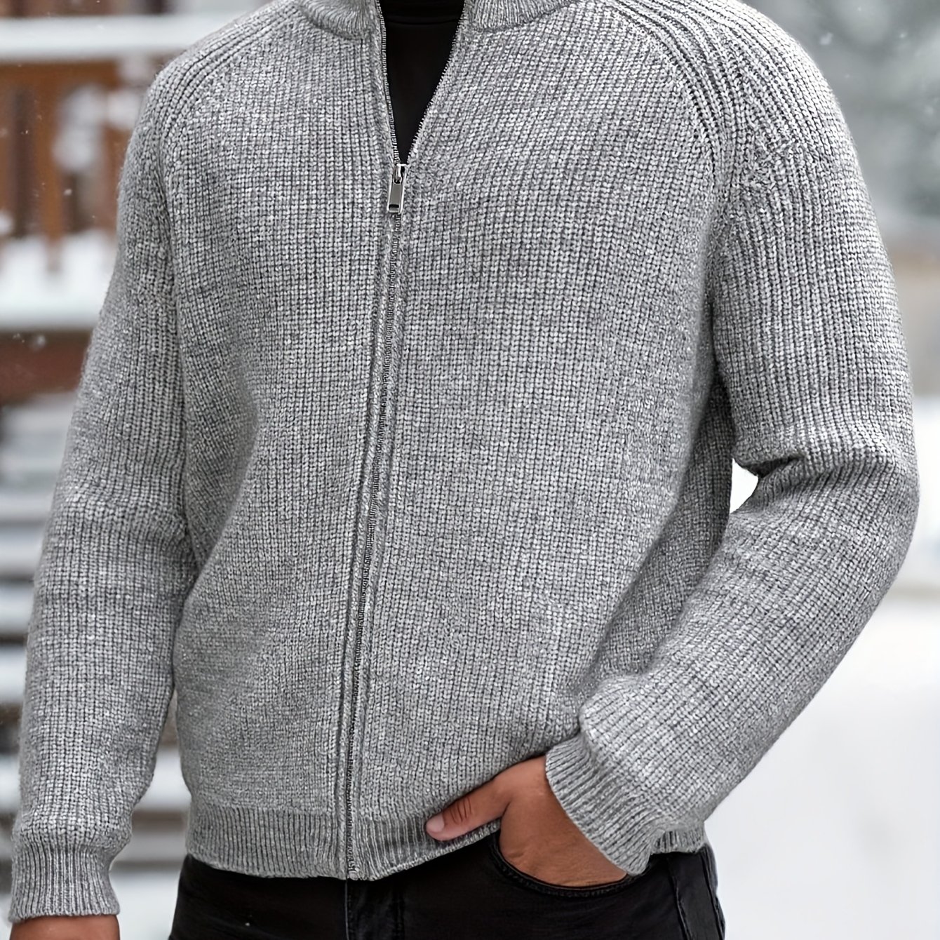 TEMU Pull en pour homme, cardigan zippé, texture épaisse, style rétro, col avec fermeture éclair, coupe décontractée et décontractée, tenue