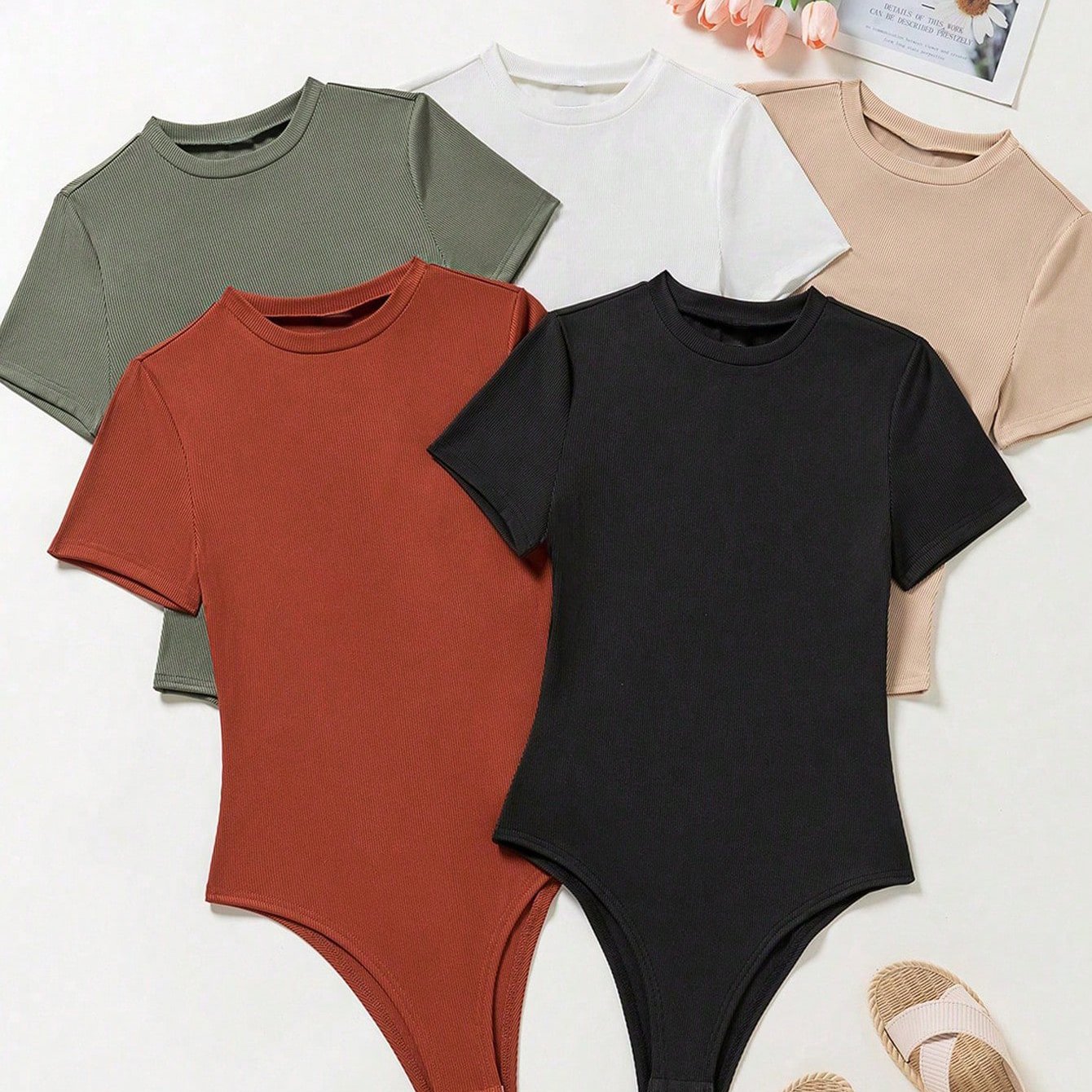 TEMU Women's Round Neck Solid Color Casual Bodysuit Top 5pcs Set