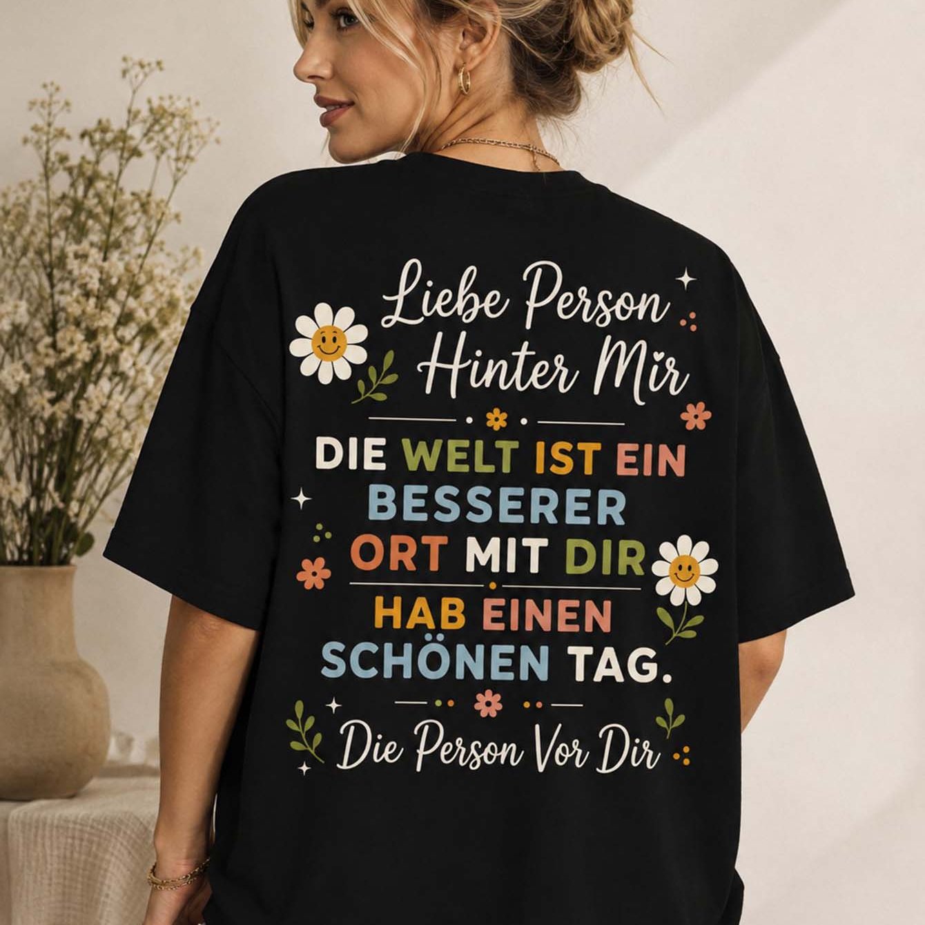 Image of Plus Size, Women' Oversized With " Person Behind Me" & " " Print - Loose Fit Short Sleeve Round Neck Casual Tee Suitable For , Machine Washable Holiday, Gifts, Casual Attire