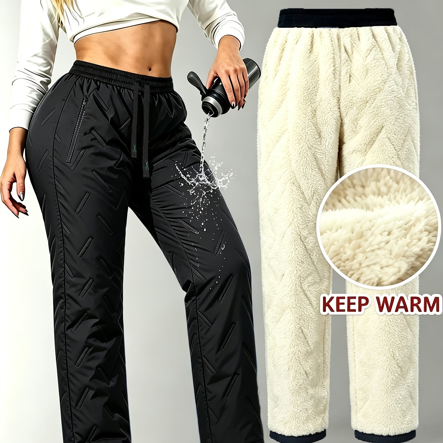 TEMU Pantalon d'hiver épais doublé polaire pour femmes, taille européenne, coupe ample avec poches zippées, pantalon décontracté chaud pour usage et