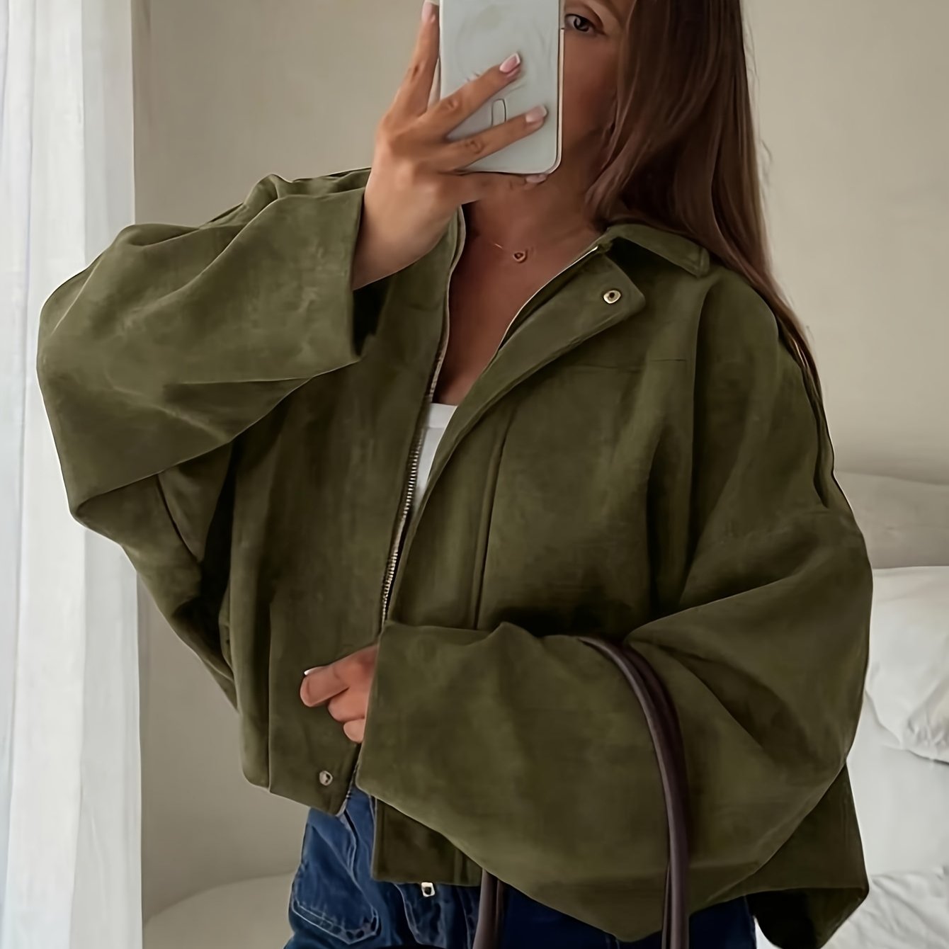TEMU Women's /autumn Vintage Fashion Drop-shoulder Sleeve Short Jacket, Versatile Pilot Casual Top
