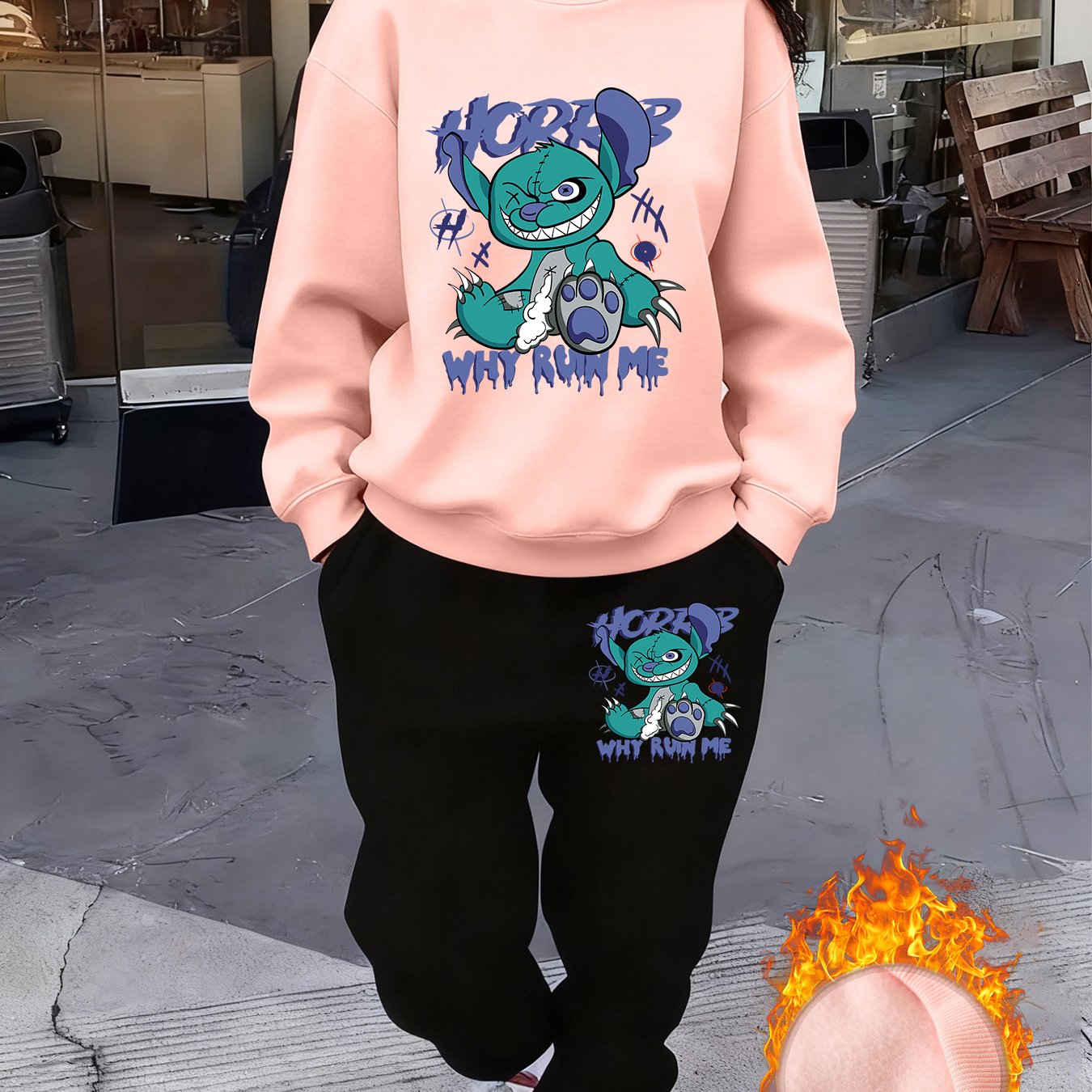 TEMU 2pcs Women's Winter Set: Round Neck Sweatshirt And Sweatpants - Cartoon Print, Winter, Comfortable Soft Breathable, Warm Outdoor Cold Weather