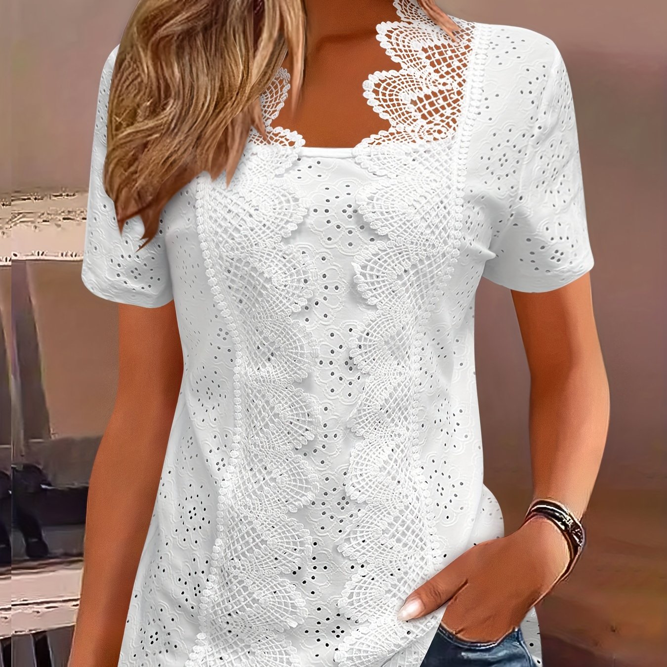 Image of Women's Summer Lace Ruffle Short Sleeve T-shirt Eyelet Crew Neck Loose Fit Casual Blouse Top