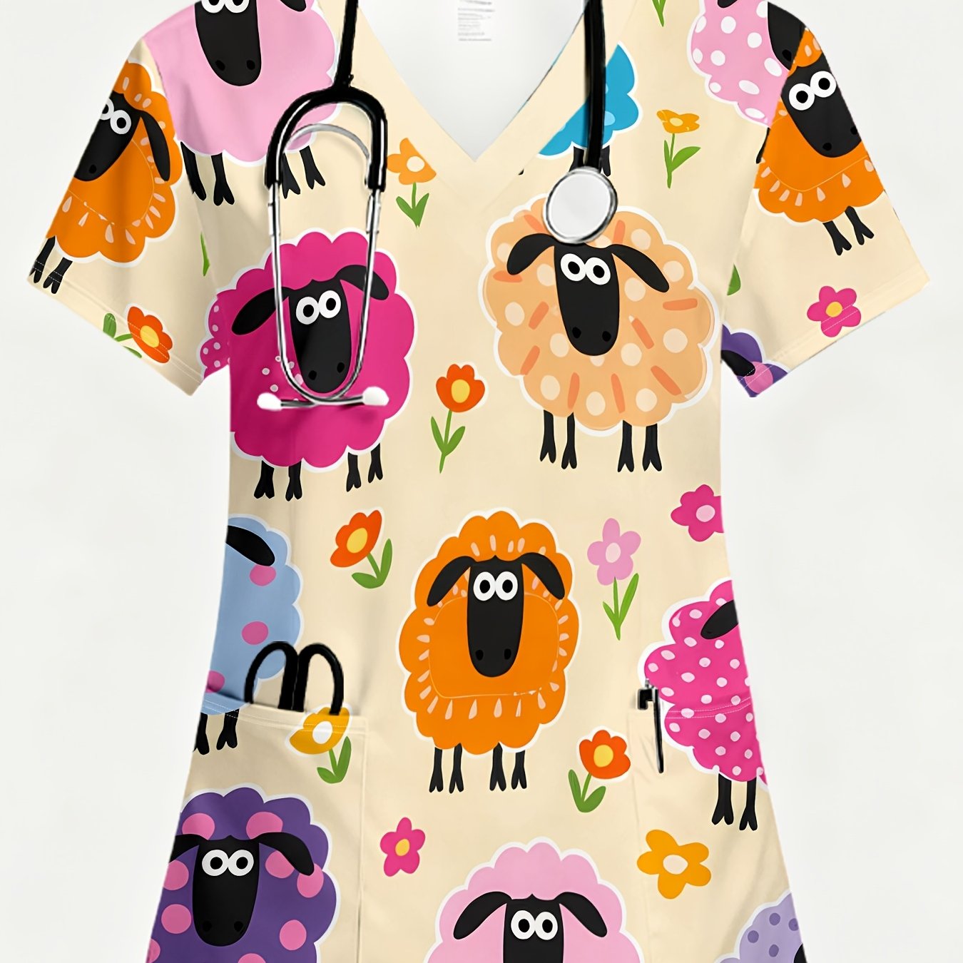TEMU A Beautiful Women's Nursing Work Top - Featuring A Full-body Print And A V-neck Short-sleeve T-shirt With A Combination Of Colorful Sheep And