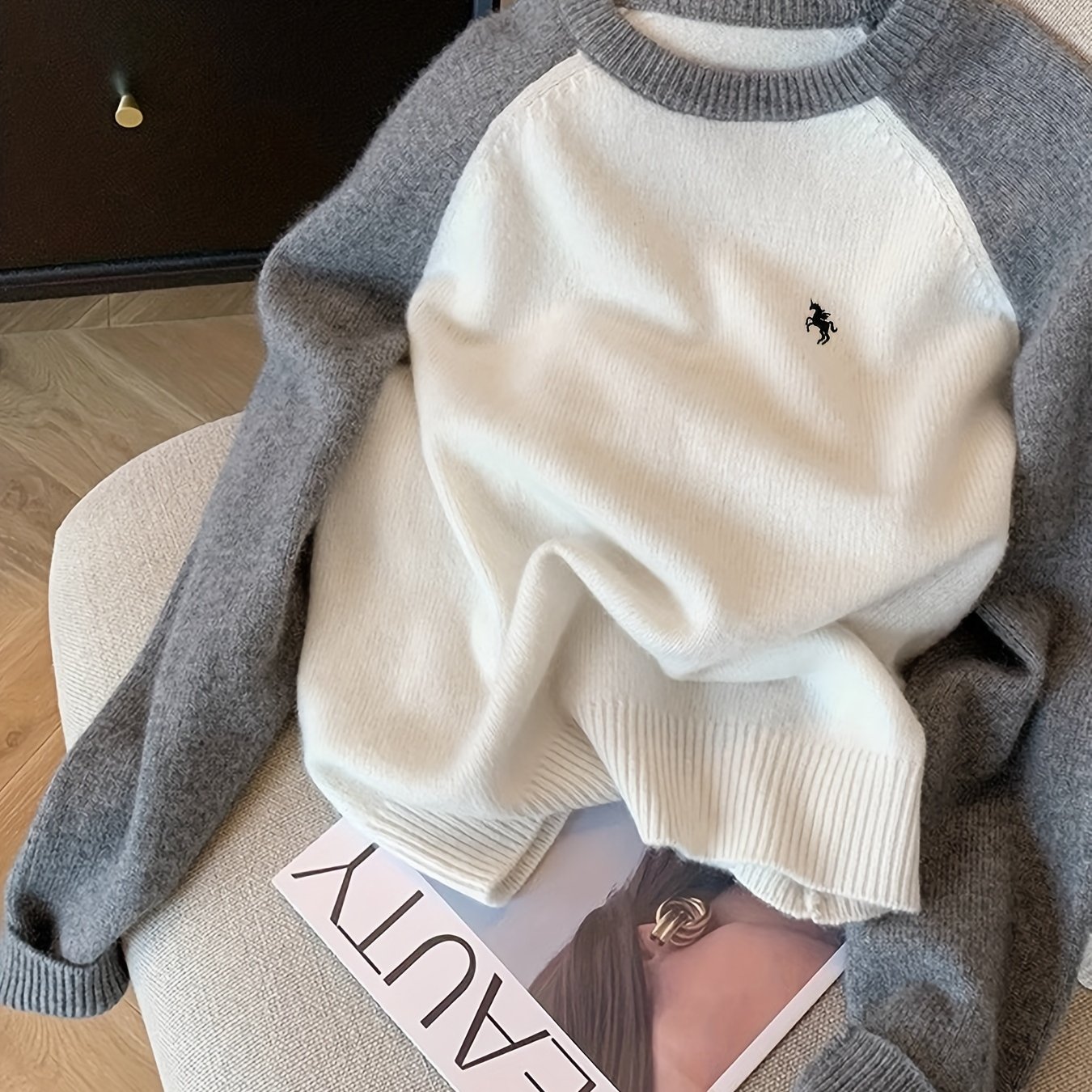 TEMU Women's Embroidered Block Crew Neck Raglan Long Sleeve Sweater, , For Fall/