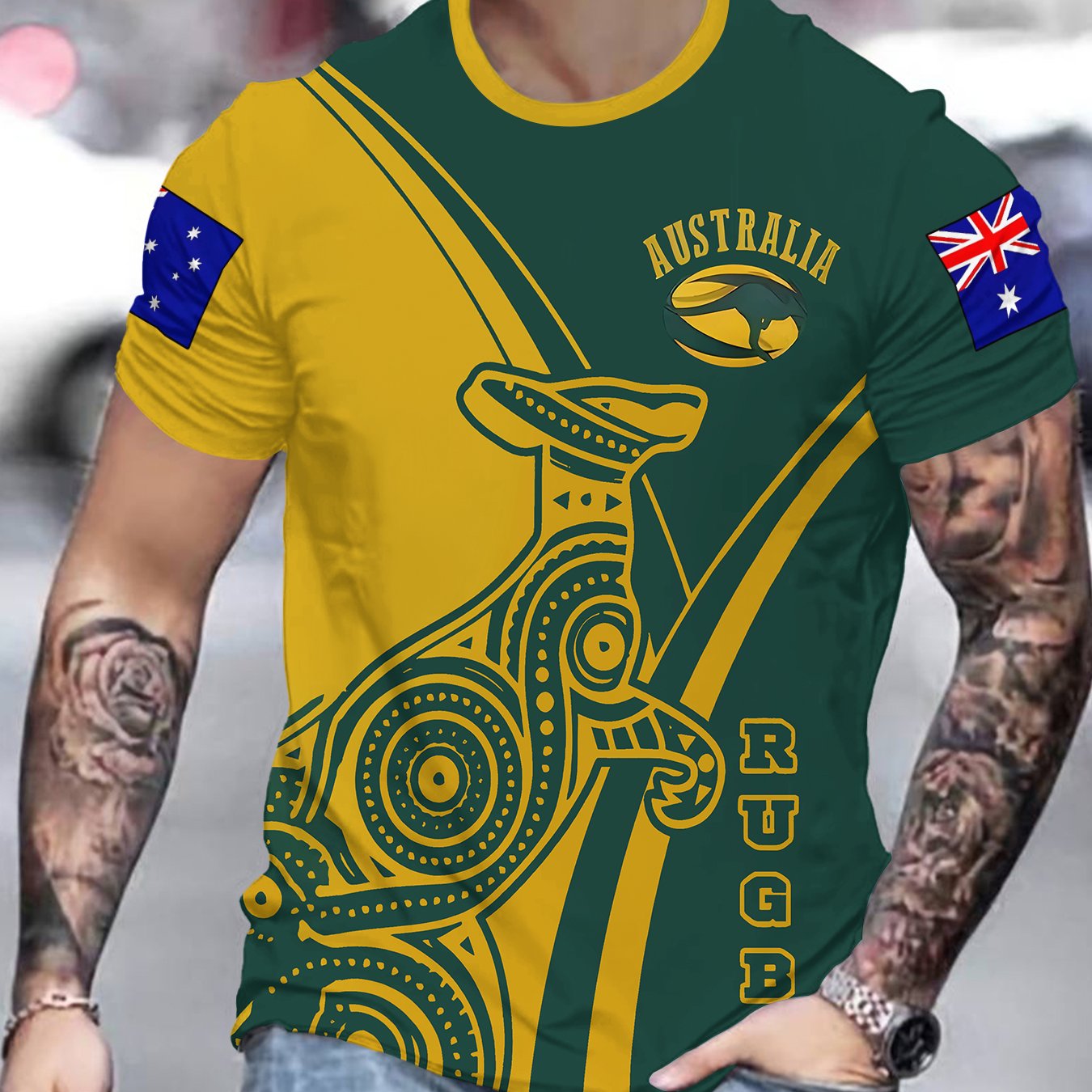 TEMU Men's Kangaroo & Khoona Tribal Print T-shirt - Short Sleeve Casual Tee With Kangaroo, Machine Washable Round Neck Shirt Suitable For Casual