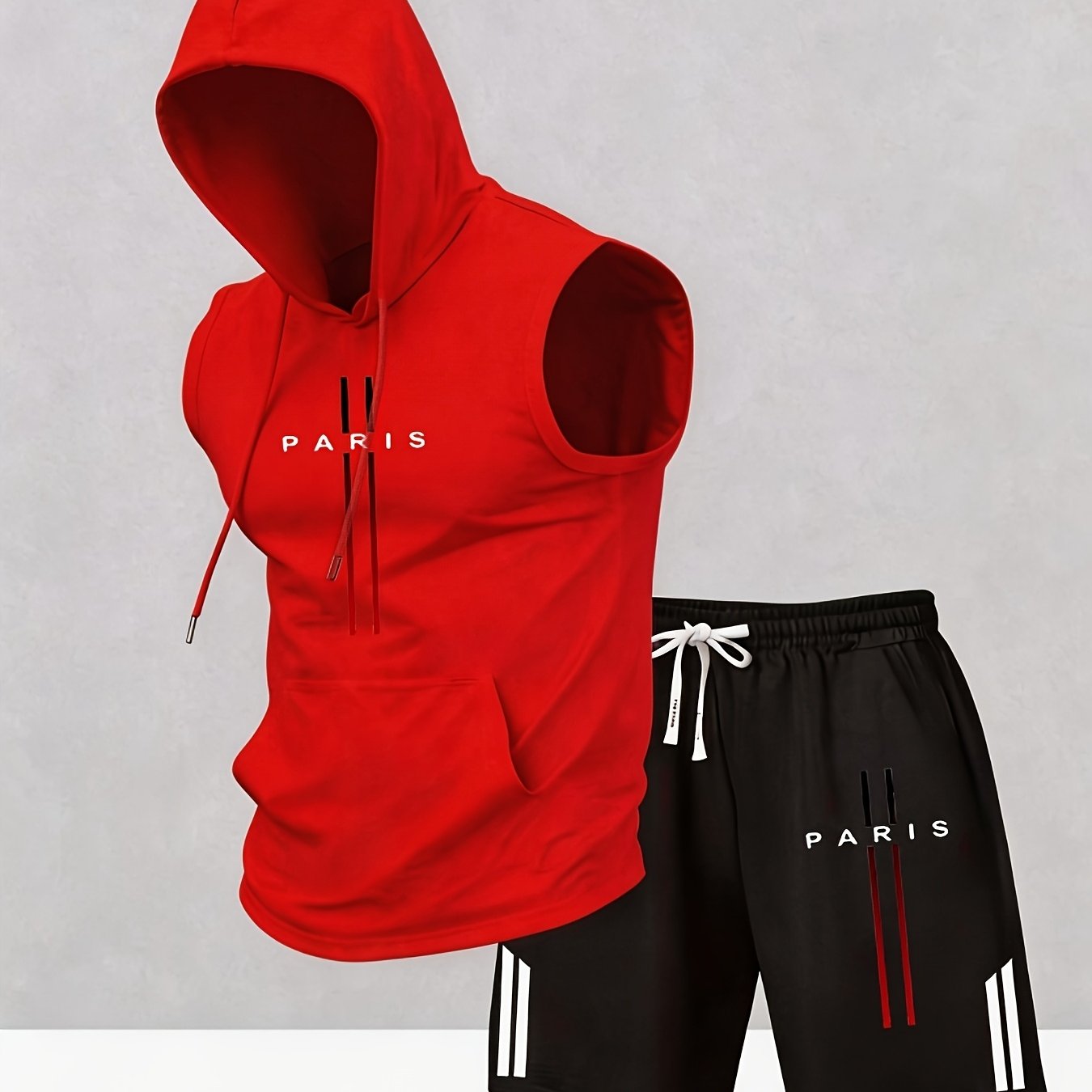 TEMU Paris" Red And Black Vertical Stripe Print Sleeveless Hooded Vest   Shorts 2pcs Set, Men's Summer Casual Sportswear Set
