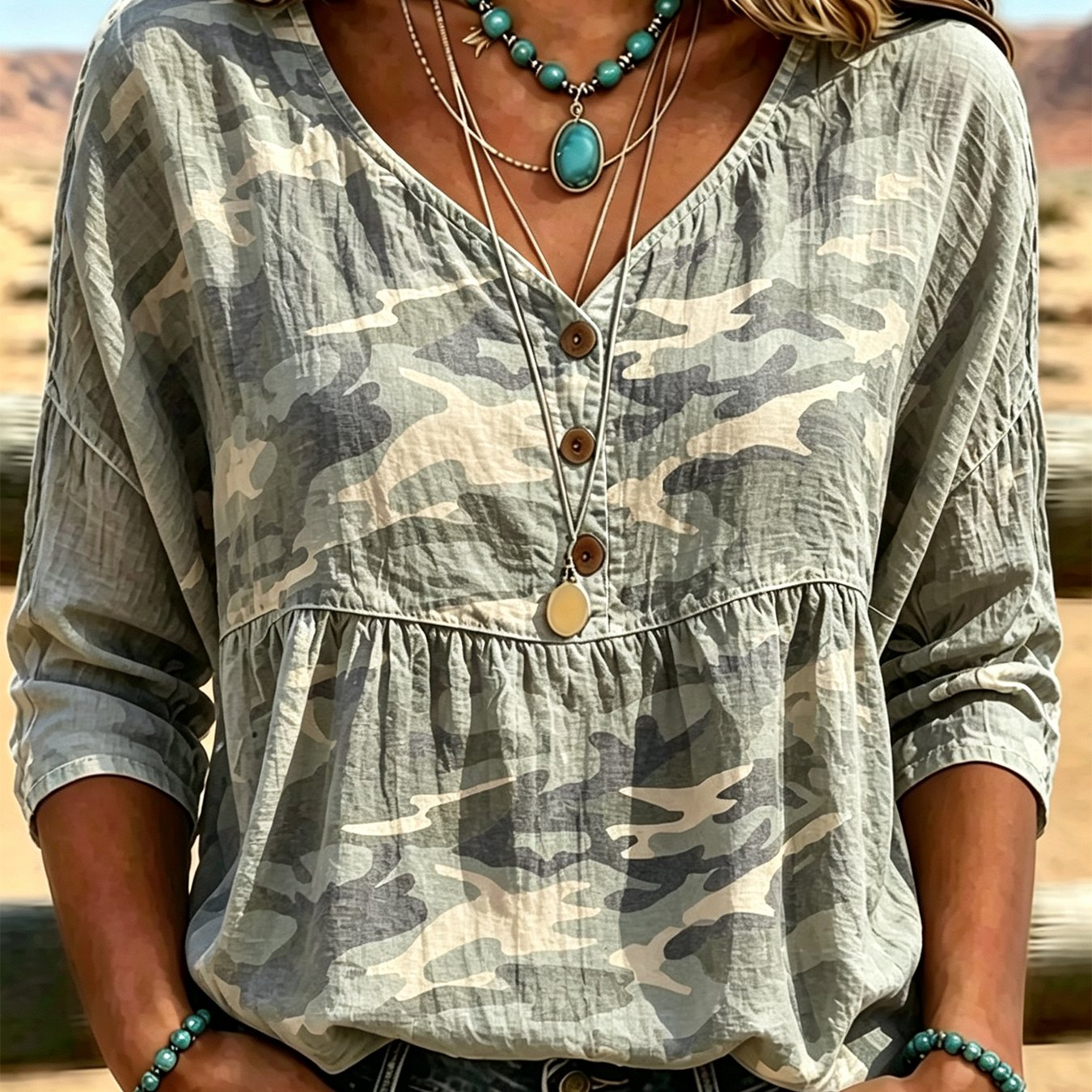 Women's Camouflage Print Babydoll Shirt Summer Loose V-neck Half Sleeve Casual Button Blouse