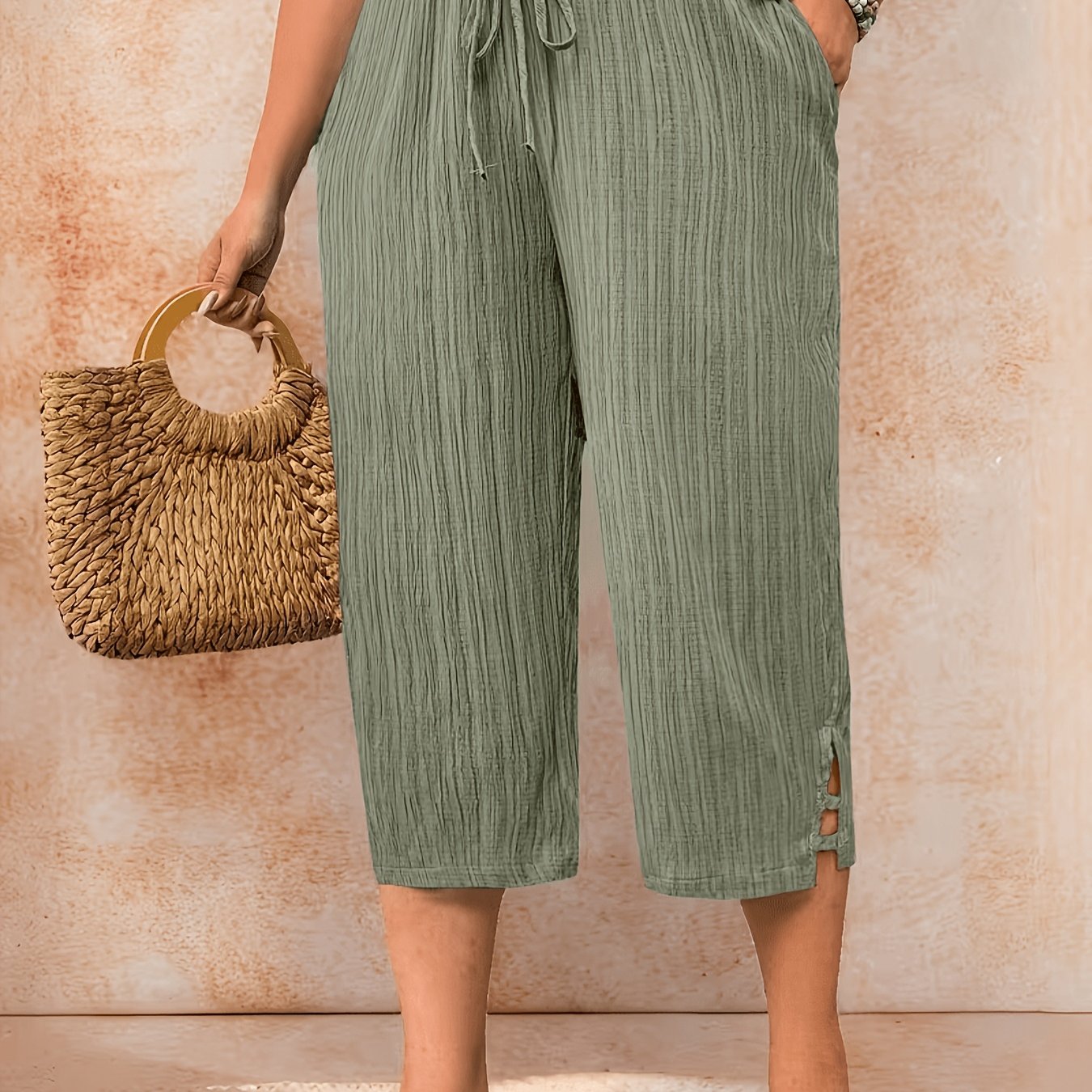 TEMU Plus Size - Casual Vacation Women's Plus Size 3/4 Length Pants, Solid Elegant, Suitable For Daily Wear, Parties, Commuting