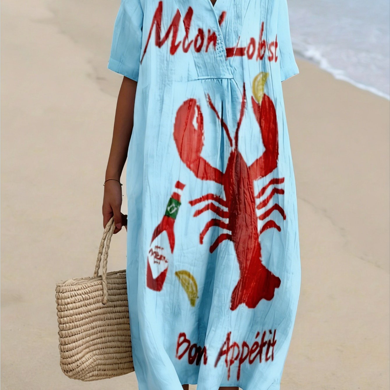 Image of Plus Size - Plus Size - Plus Size Women's V-neck Loose And Comfortable Seaside Resort Dress Fashionable Lobster Graphic Versatile Beach Dress Machine Washable