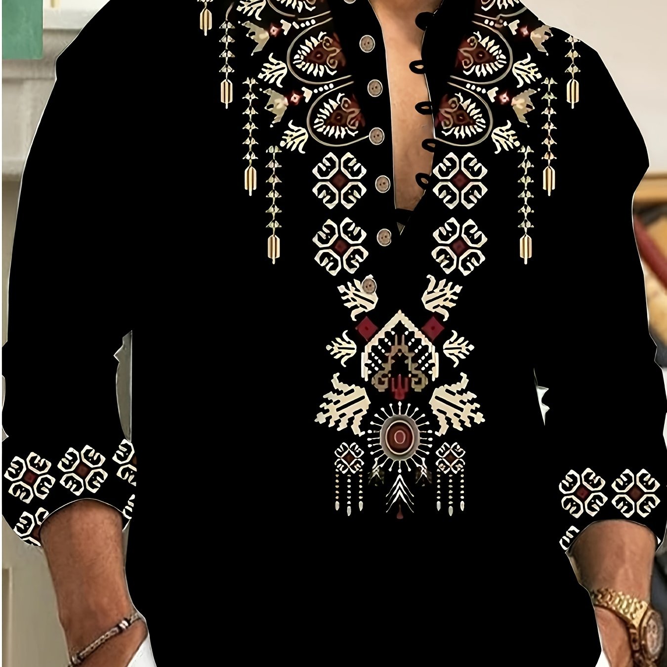 2025 European And -block Geometric Shirt Men's Long Sleeve Button-up , Gift For Eld, Gift For Ramadan