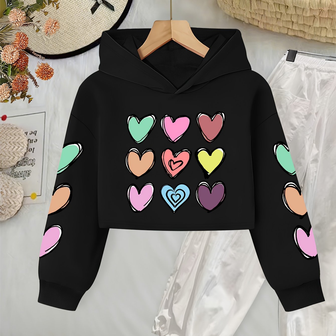 E-shop 413 Mädchen Mode Trendiges Kreatives Muster Print Kurze Kapuzenpullover, Casual Kleidung für Mädchen