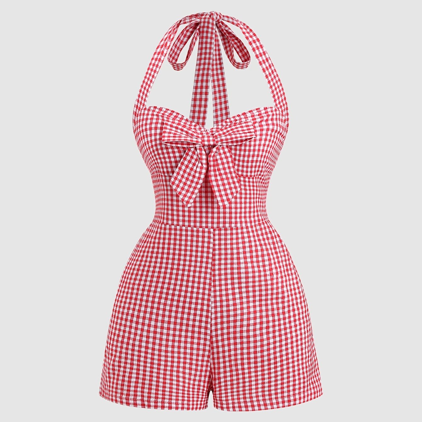 TEMU Ladies' Cute Halter Jumpsuit With Tie, Casual Summer Outfit Halter Bow-knot Jumpsuit Shorts For Women, And Sweet Spicy Style Jumpsuit, Retro