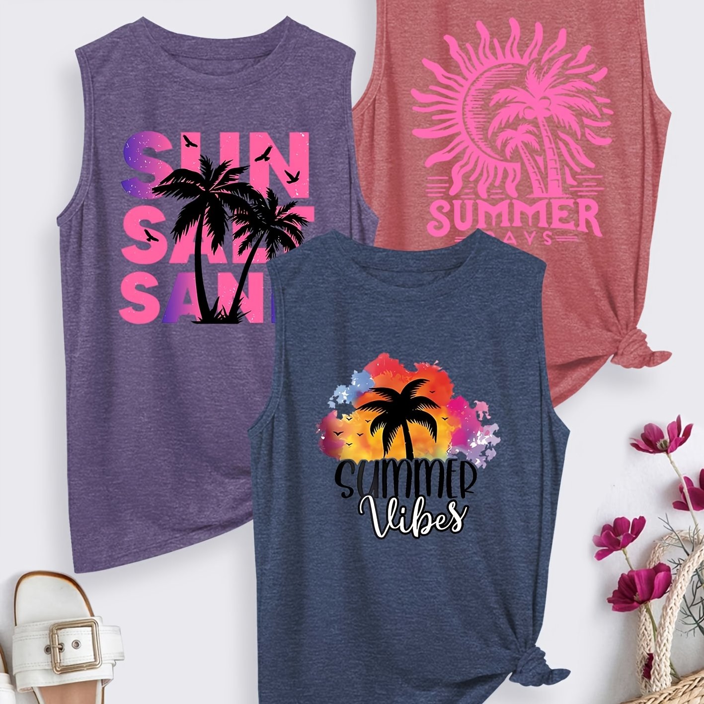 TEMU 3pcs Sister Set Coconut Tree Vibes Letter Print, Casual Round Neck Tank Top, Athletic Casual Suitable For Summer Wear, Women's New Pattern