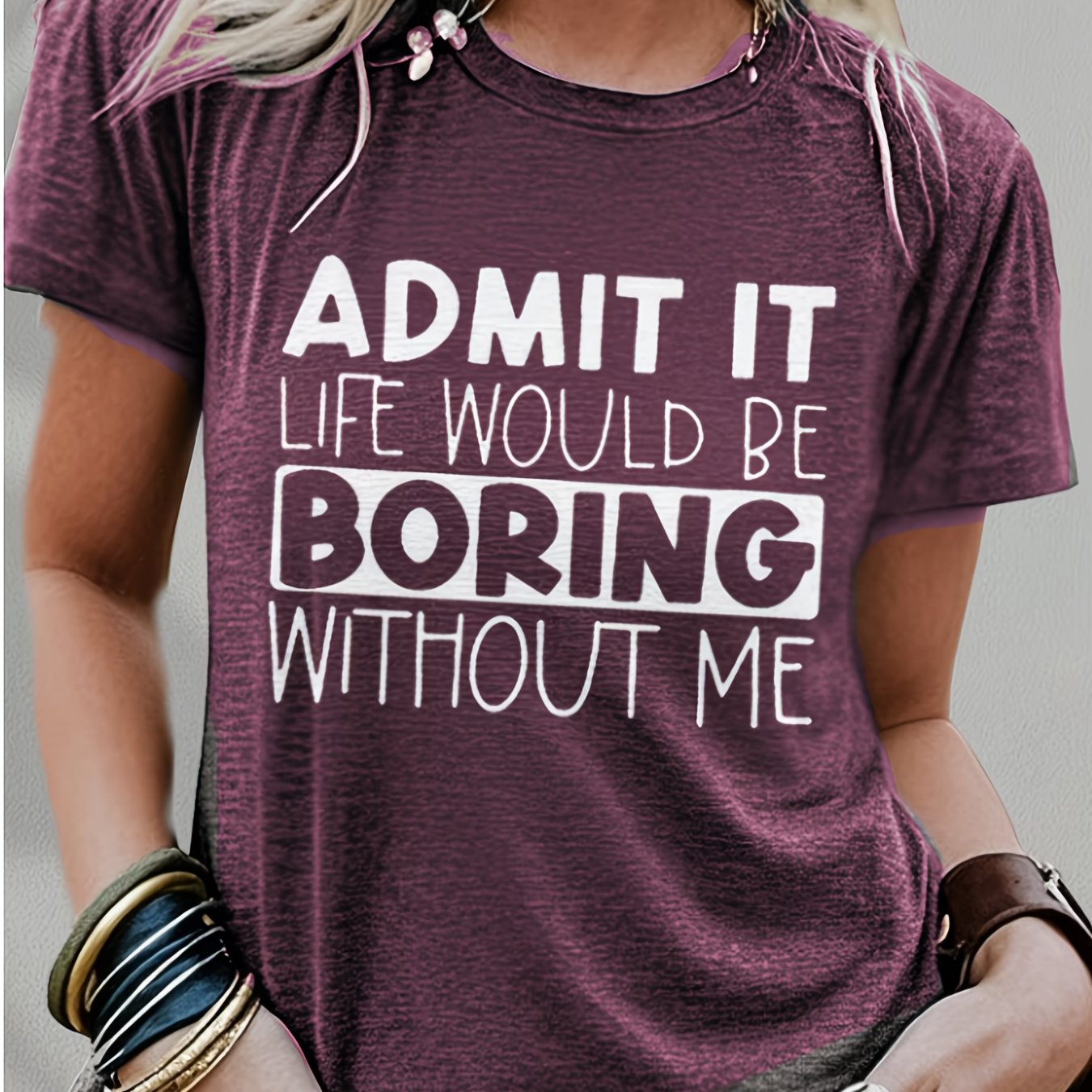 TEMU Women's " Boring Without Me" T-shirt - Casual Short Sleeve Round Neck Blouse-compatible Top, Machine Washable Breathable Tee Suitable For