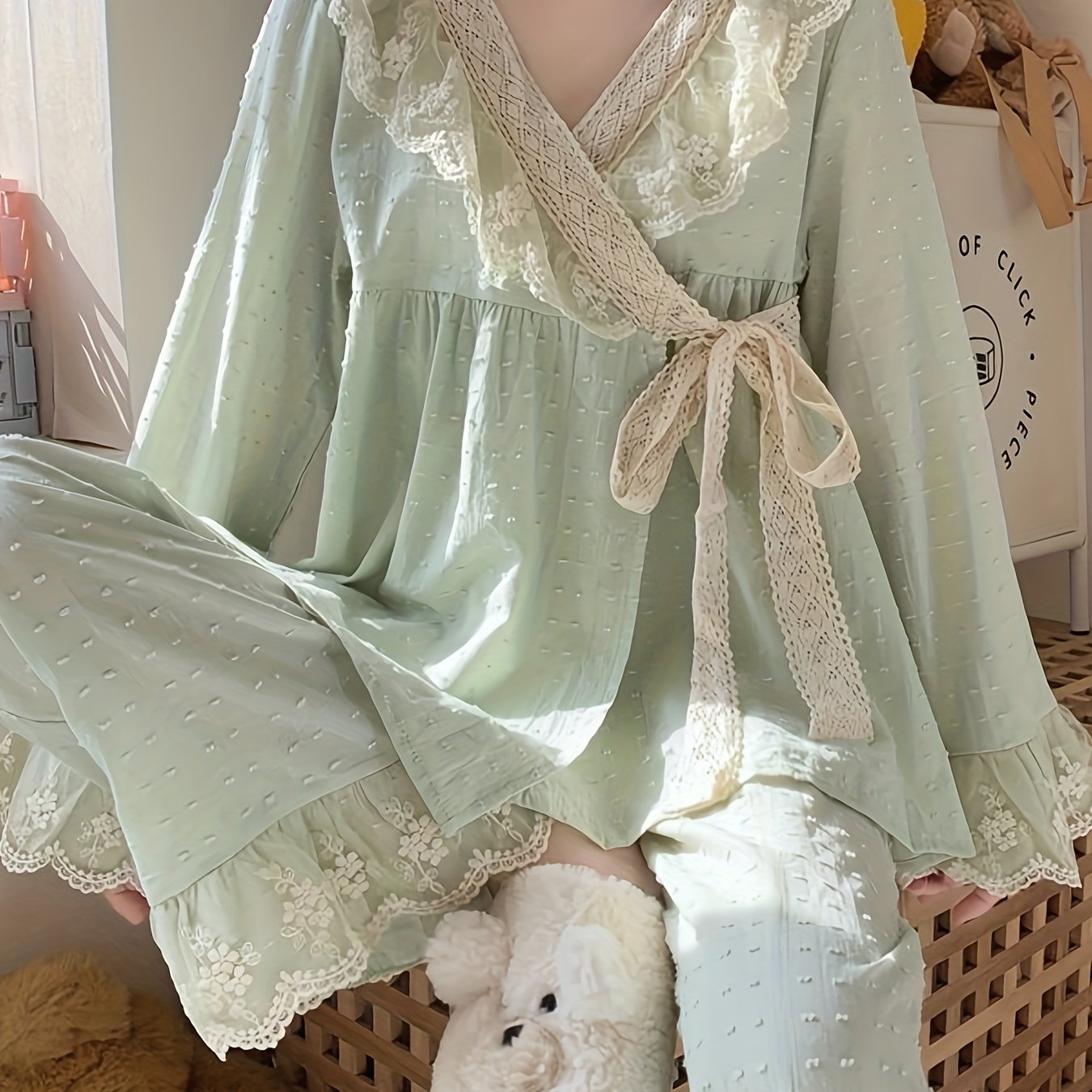 Image of Set Japanese Women's Clothing Autumn Winter Long Sleeve Top And Long Pants 2pcs Set Cute Lace Drawstring Wear