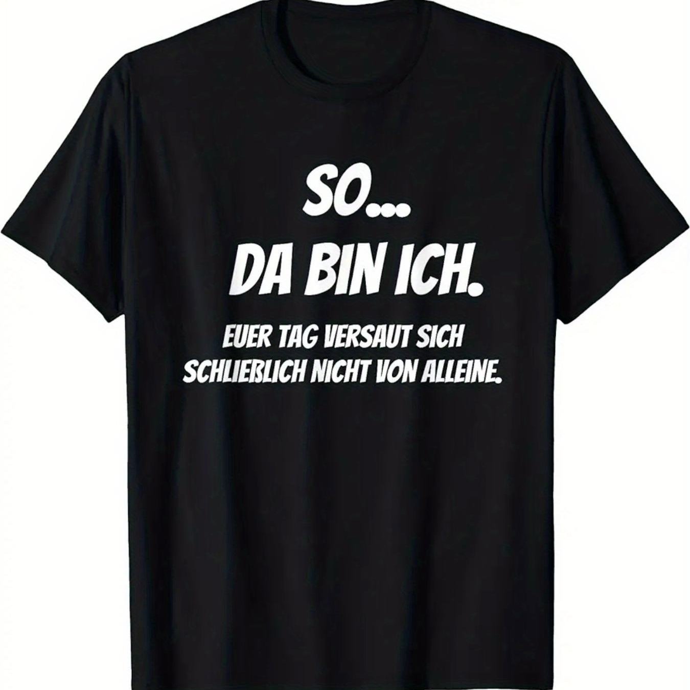 Image of Plus Size Men's Funny German T-shirt | By Itself Slogan, Black With White Print, Casual Crew Neck, Durable Hot Transfer Printing, Fit