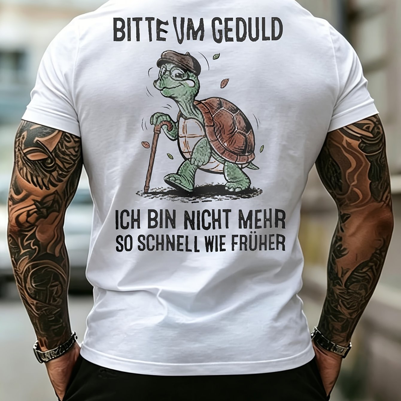 White Back T-shirt Turtle And German Text Graphic For Outdoor Activities And Casual Wear Outdoor Leisure Breathable Unisex