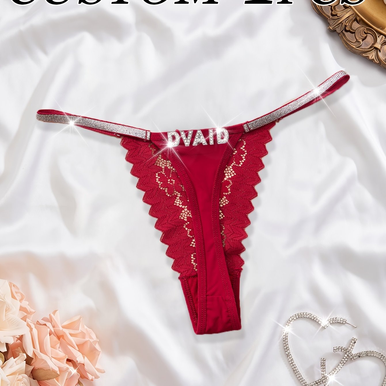 TEMU 1pc Fovty Women's Custom Name/ Panties - Personalized Lace Briefs With Cross-back Strap & Crystal Letters/numbers, Suitable For Birthdays,