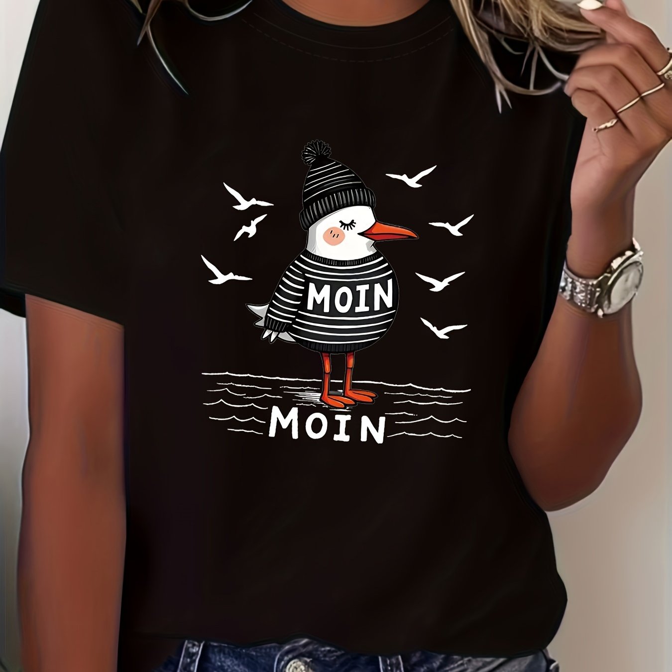 Image of Plus Size - Plus Size - Cute Seagull In Striped Sweater Northern German Graphic Print Plus Size Women's T-shirt, Short Sleeve Round Neck Casual Top For Summer & Spring, Women's Clothing
