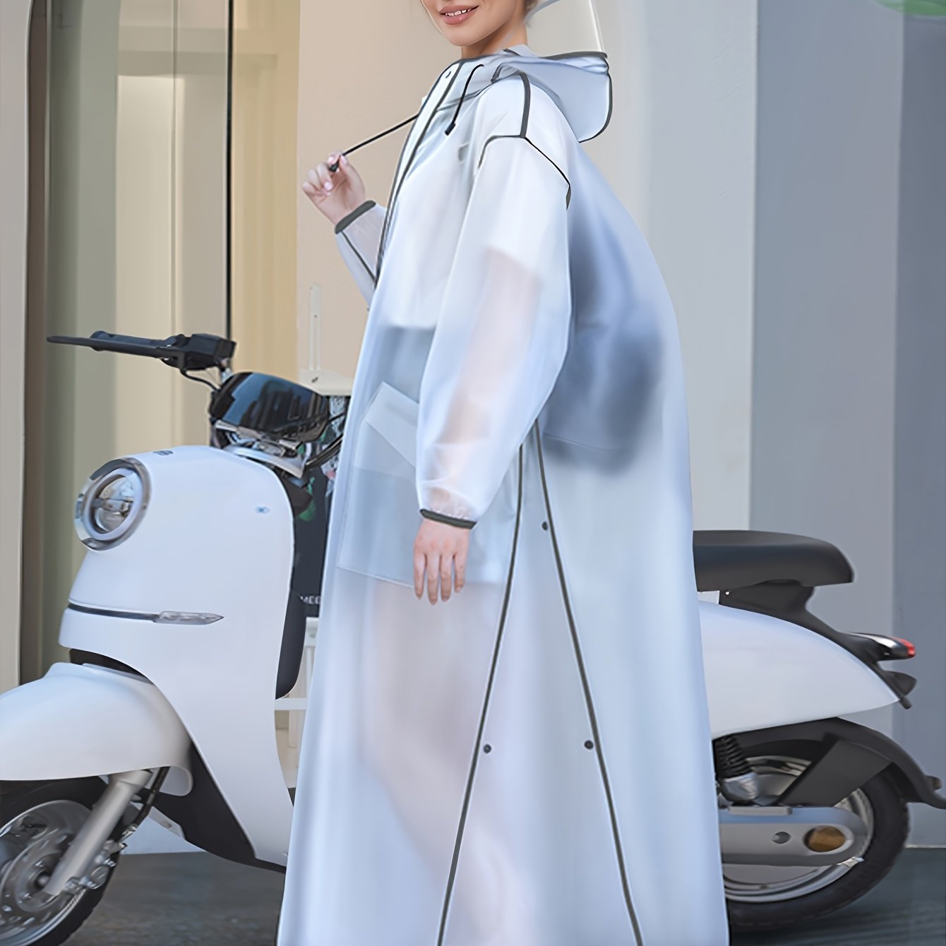 TEMU 1pc Thickened Eva Cycling Raincoat With Detachable Double Brim Rain Poncho Face Protector And Bag Slot - Long Raincoat Full Body Jacket For